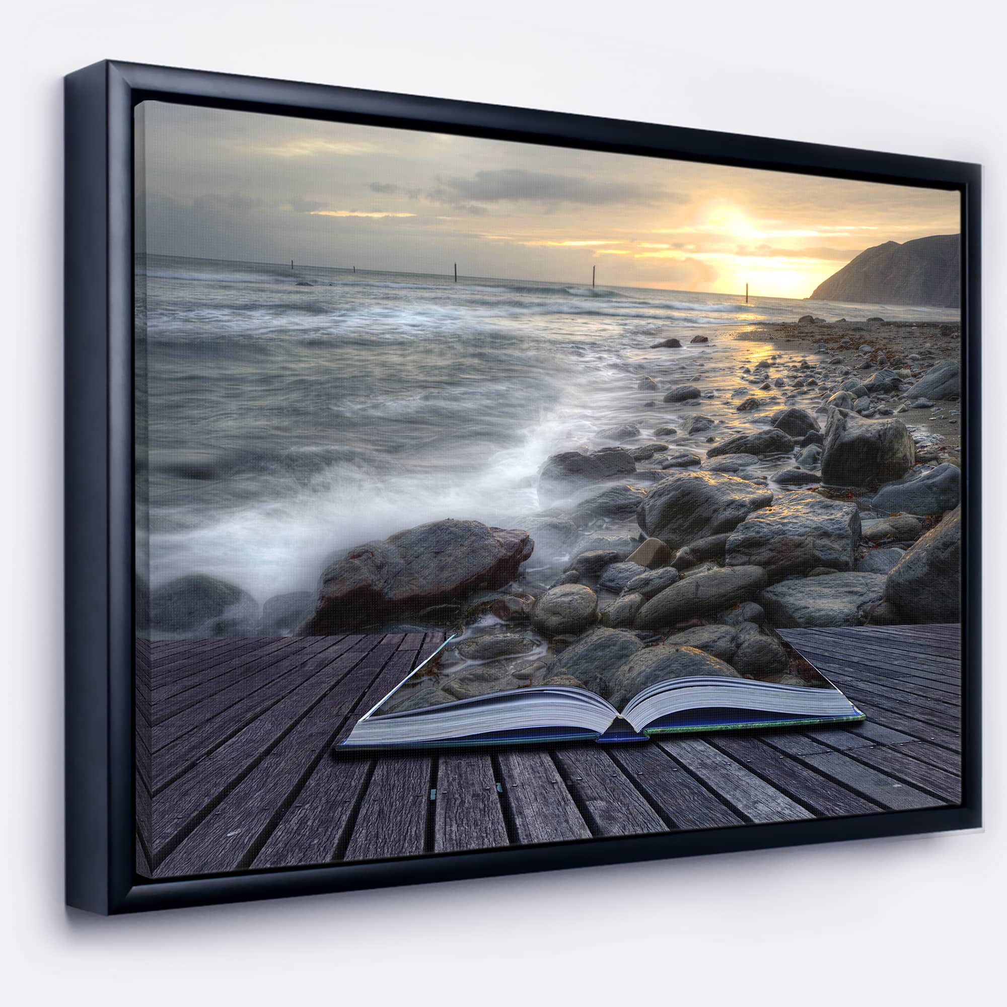 Designart - Open Book to the Evening Sea - Contemporary Canvas Art Print in Black Frame