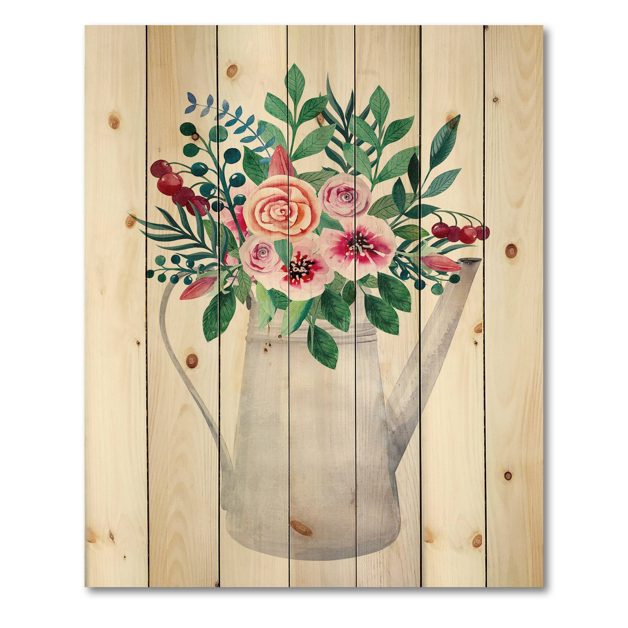 Designart - Bouquets of Flowers In Rustic Flowering Pot - Traditional Print on Natural Pine Wood