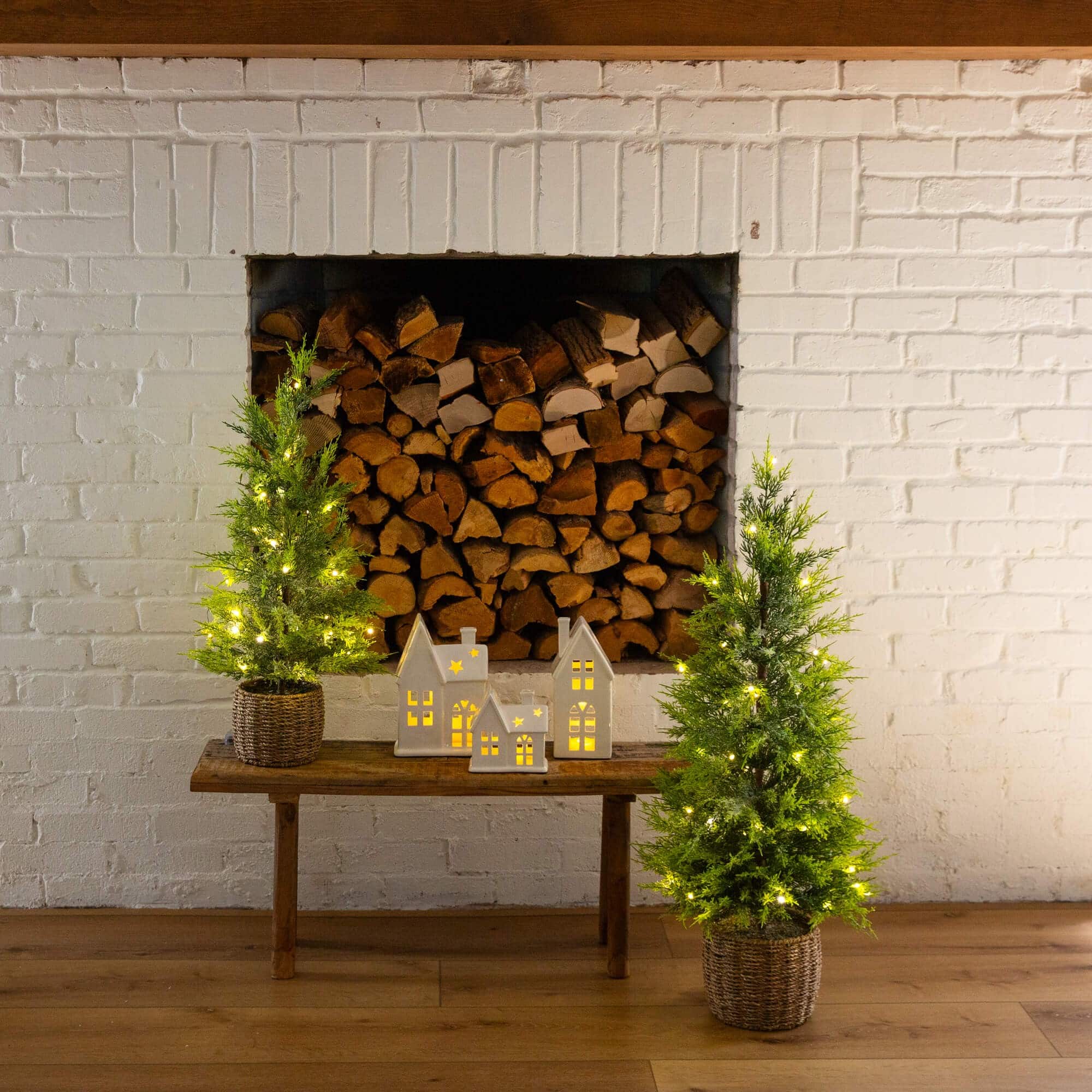 3ft. Pre-Lit Artificial Lightly Snowed Cypress Christmas Tree with 38 Warm White LED Lights in Decorative Weaved Basket