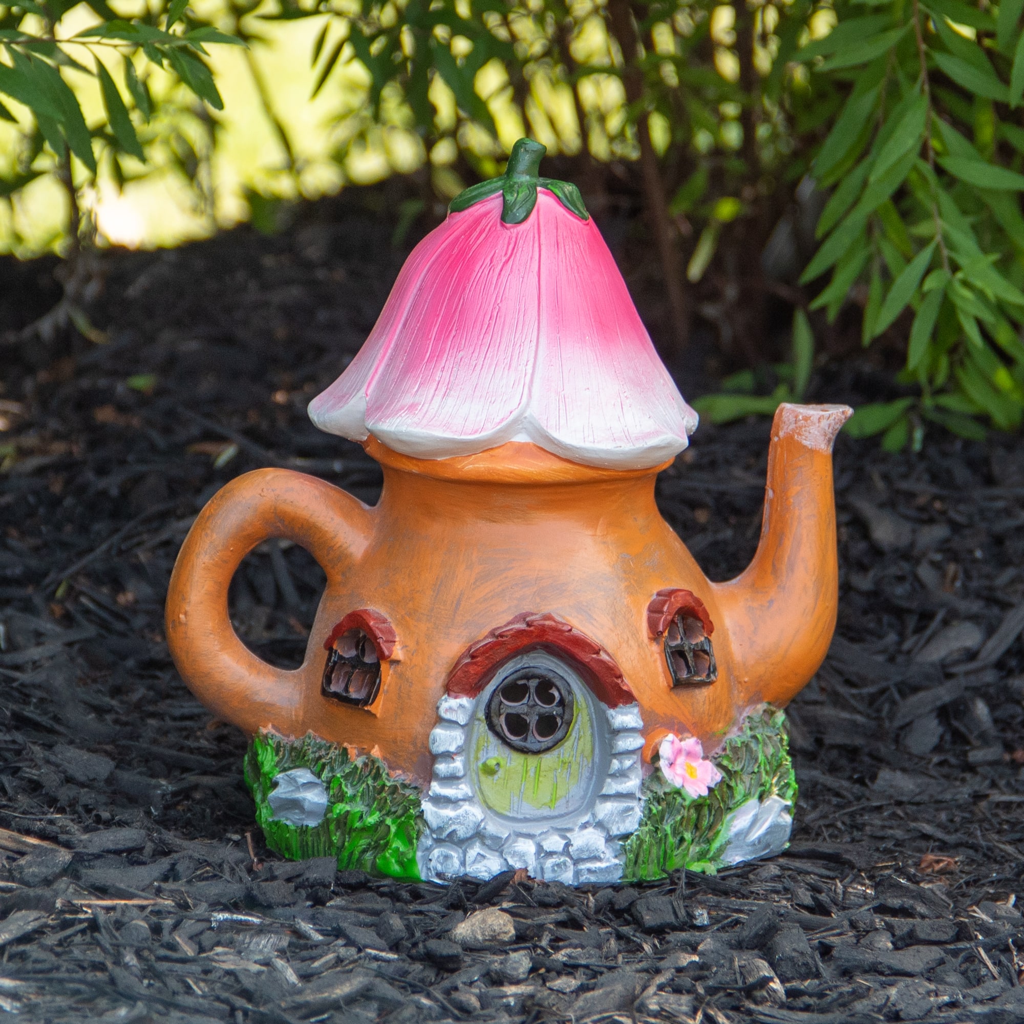 7&#x22; Solar Lighted Flower Tea Pot Outdoor Garden Statue
