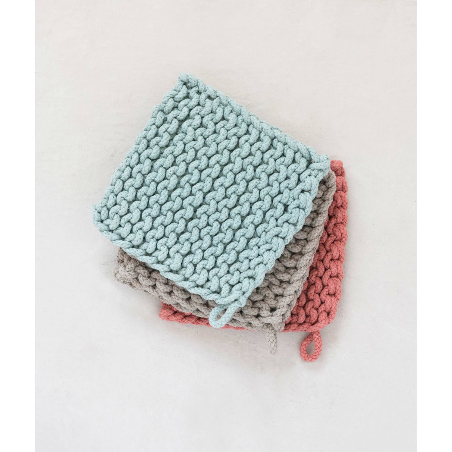 Hello Honey&#xAE; 8&#x22; Blue, Red &#x26; Brown Square Crocheted Cotton Pot Holder Set