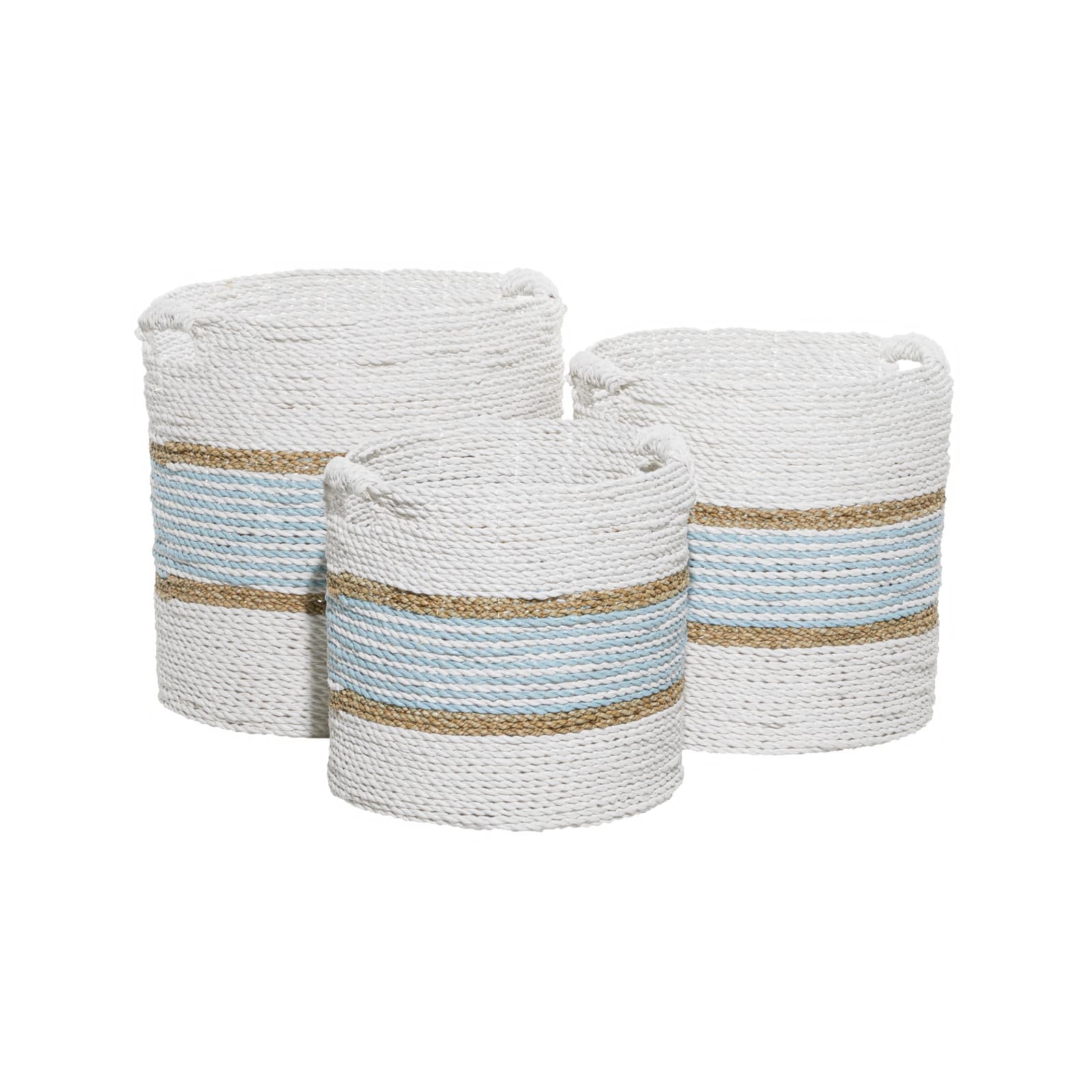 White & Light Blue Natural Seagrass Coastal Storage Basket Set
