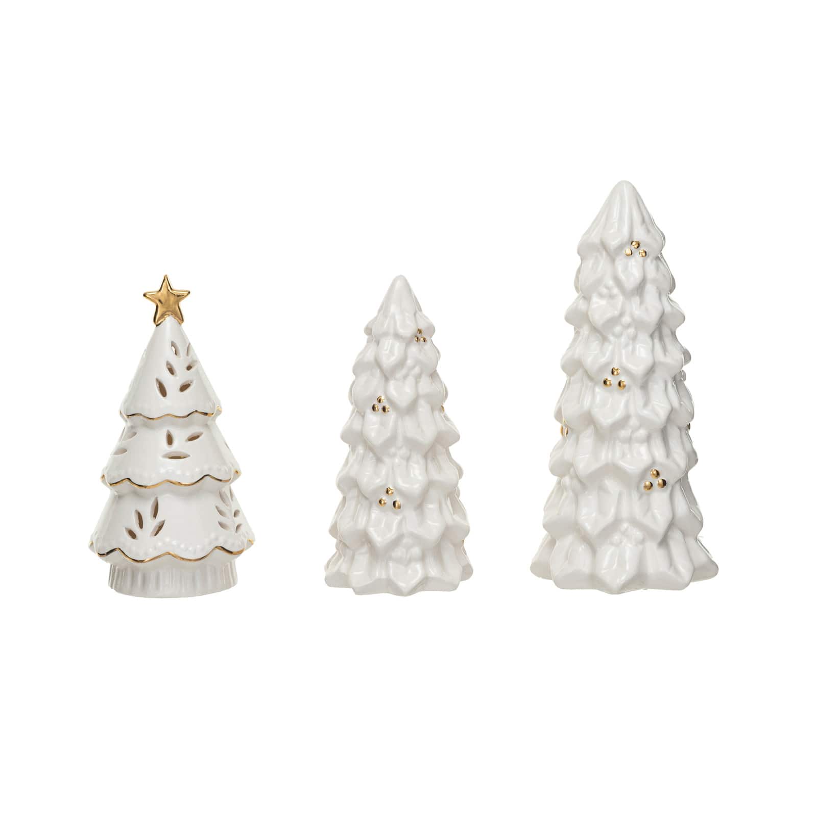 Hello Honey&#xAE; Cream LED Stoneware Christmas Trees with Gold Electroplating Set