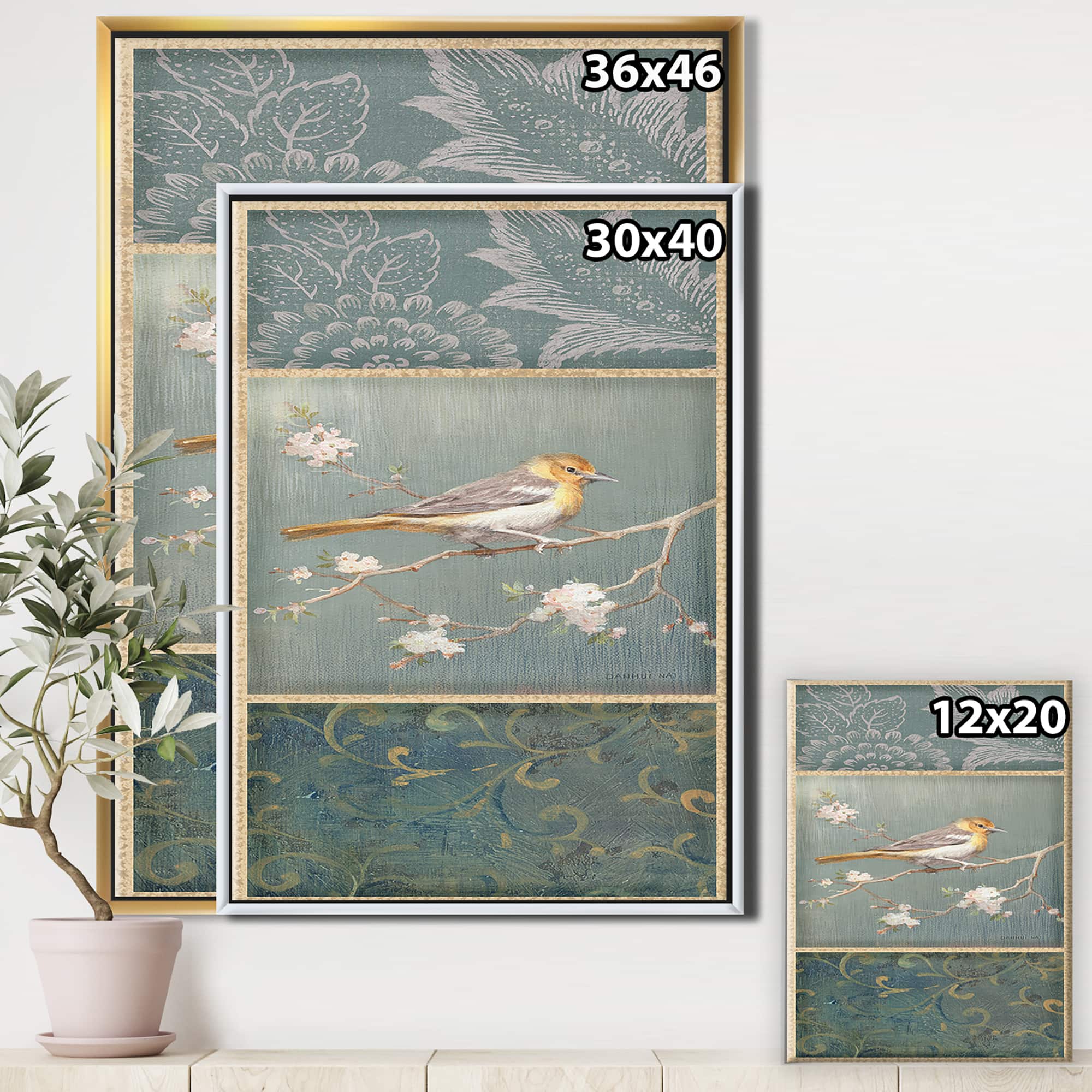 Designart - Farmhouse Triptych of Blue Ornaments And Oriole - Farmhouse Canvas in Gold Frame
