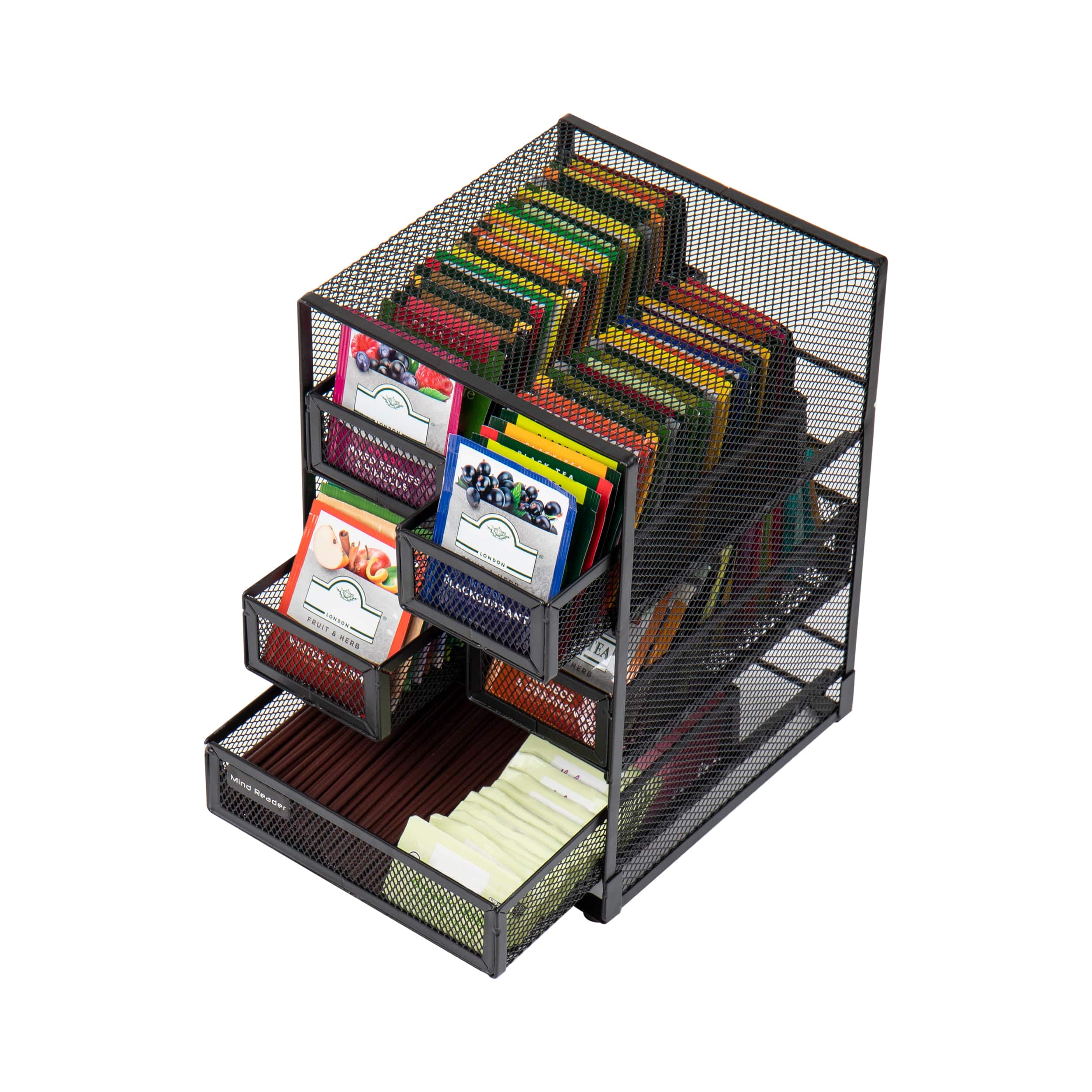 Mind Reader Network Collection 5-Compartment Black Metal Mesh Tea Bag Countertop Organizer