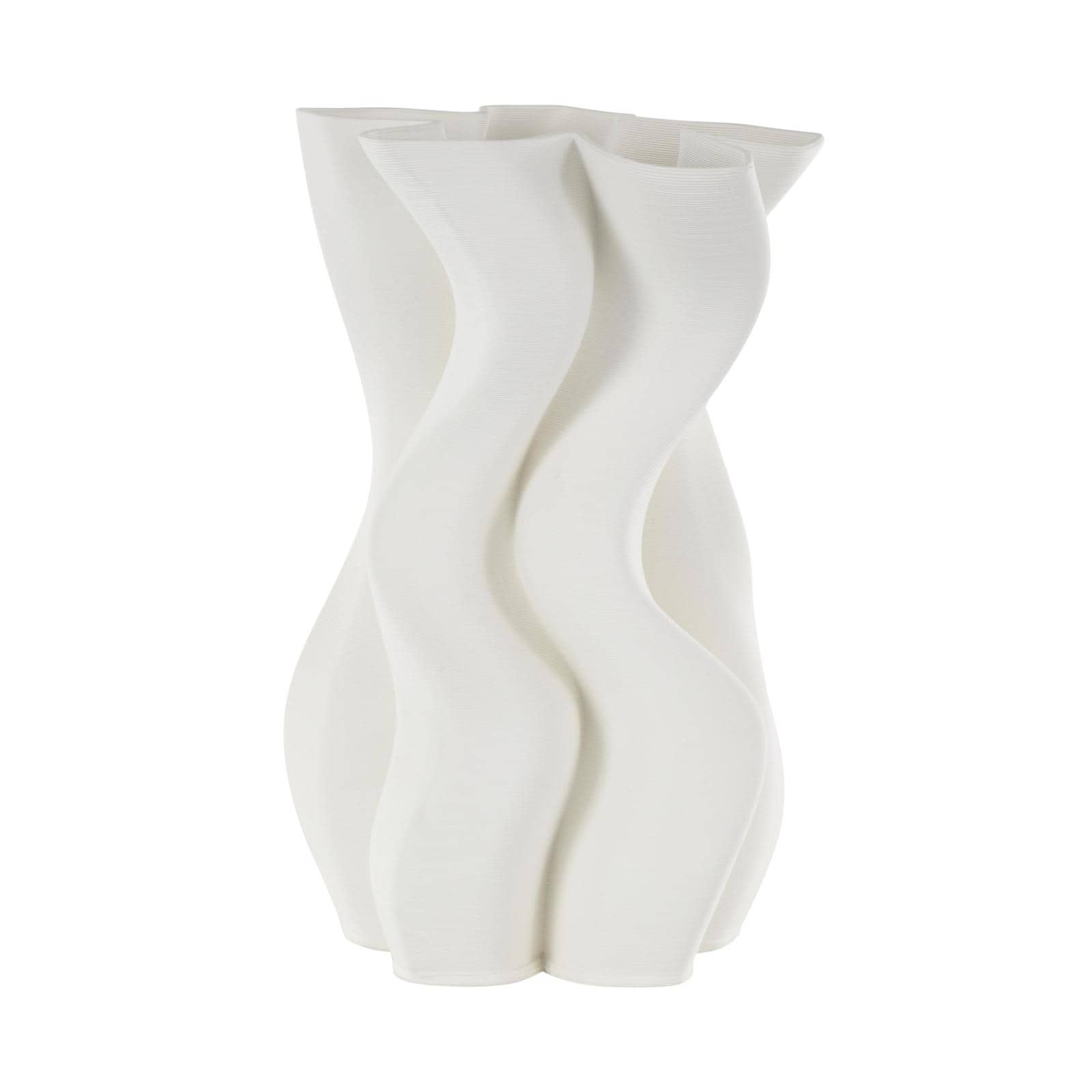 White Ceramic Abstract Ribbed Dimensional Wavy Vase with Floral Shaped Rim