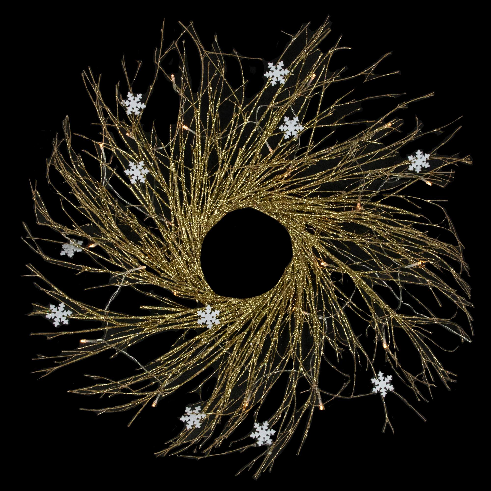 36&#x22; Pre-Lit Gold Glittered Twig Wreath with Warm White Lights