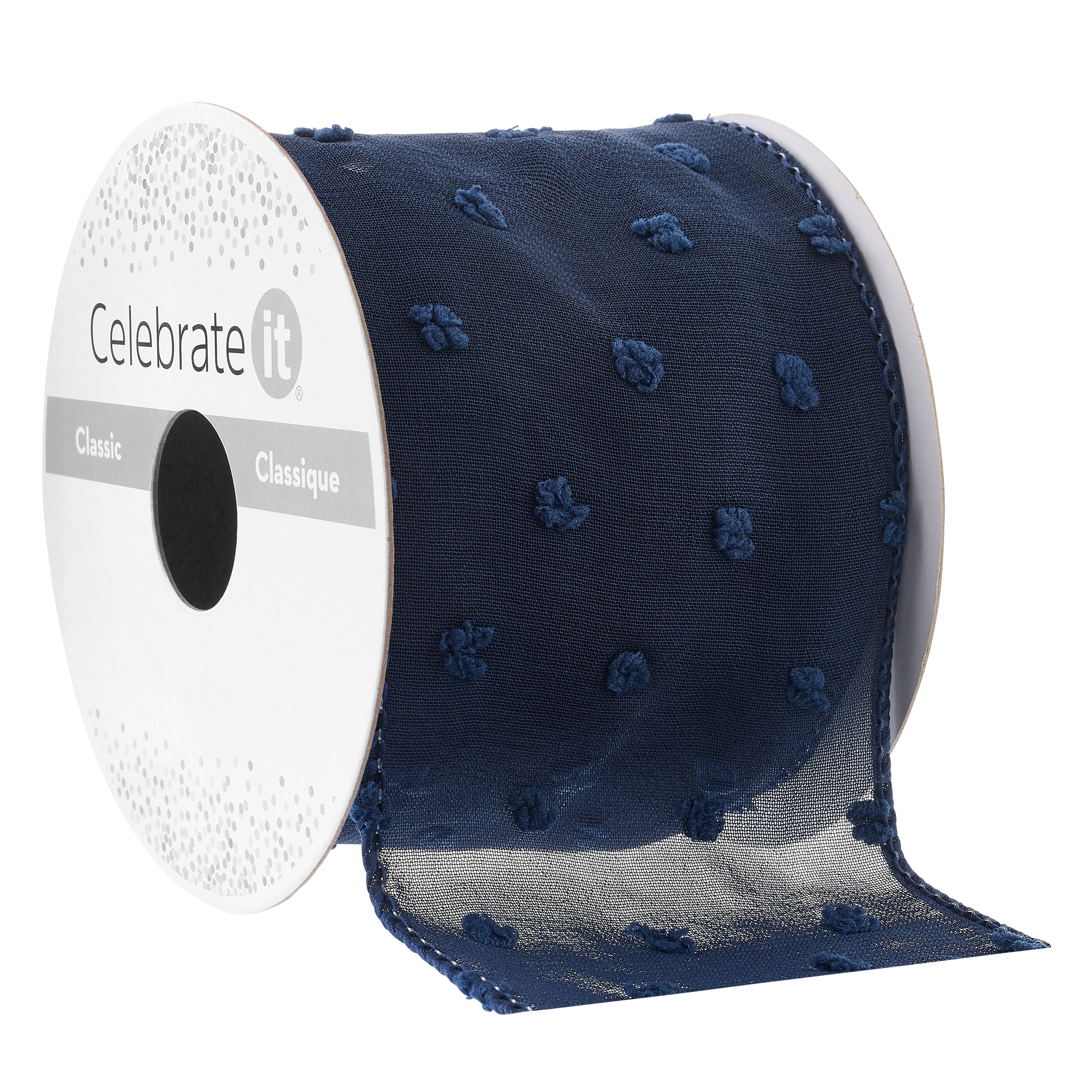 2.5" x 3yd. Wired Navy Pom Pom Dotted Crinkle Chiffon Ribbon by Celebrate It®