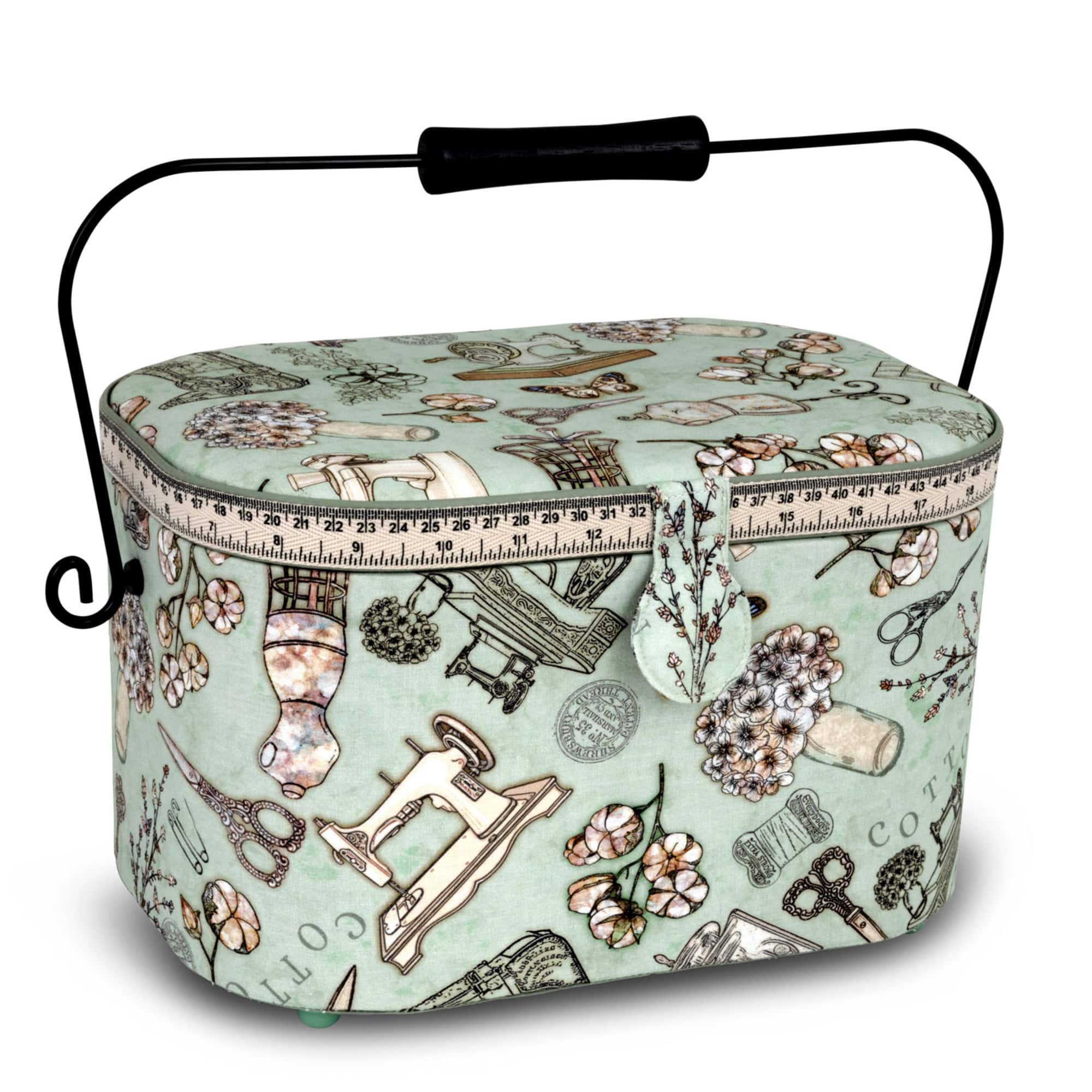 Dritz&#xAE; Green Sewing Print Small Oval Sewing Basket With Metal Handle