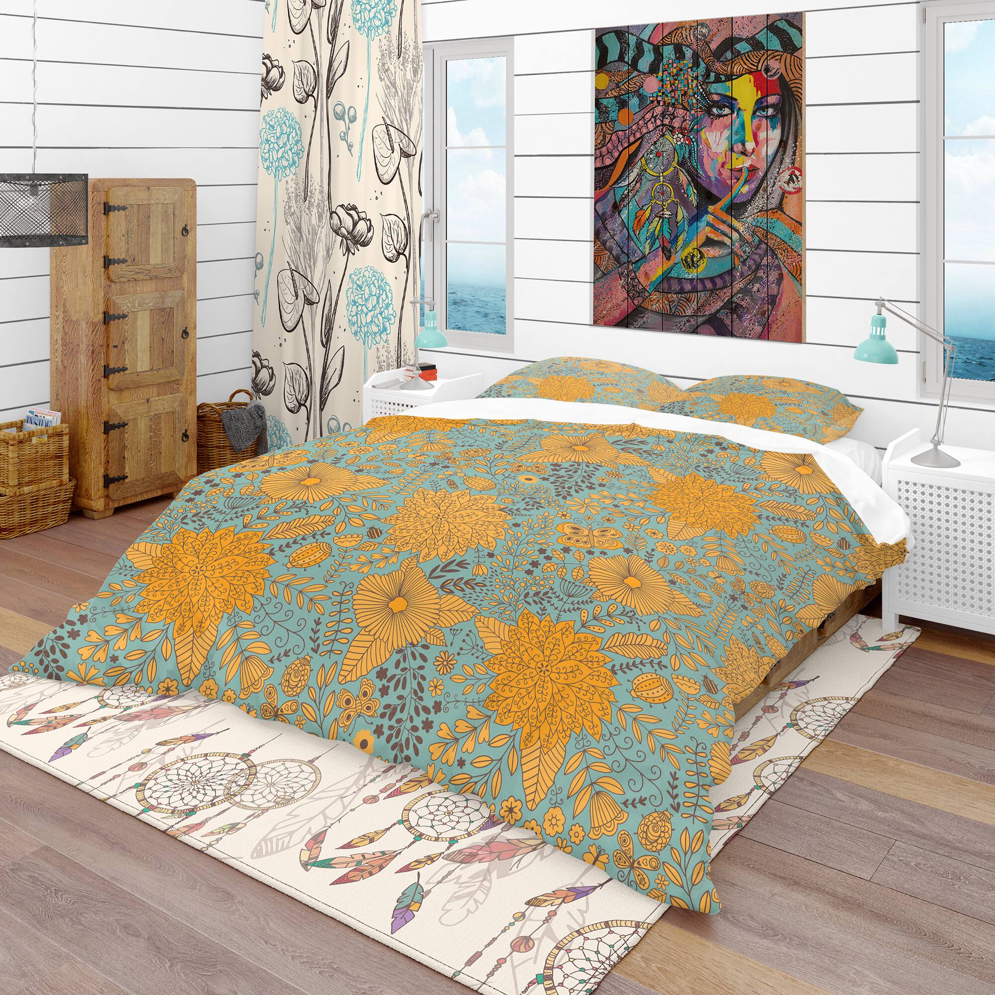Designart &#x27;Flower Pattern Botanic Texture&#x27; Bohemian &#x26; Eclectic Bedding Set - Duvet Cover &#x26; Shams