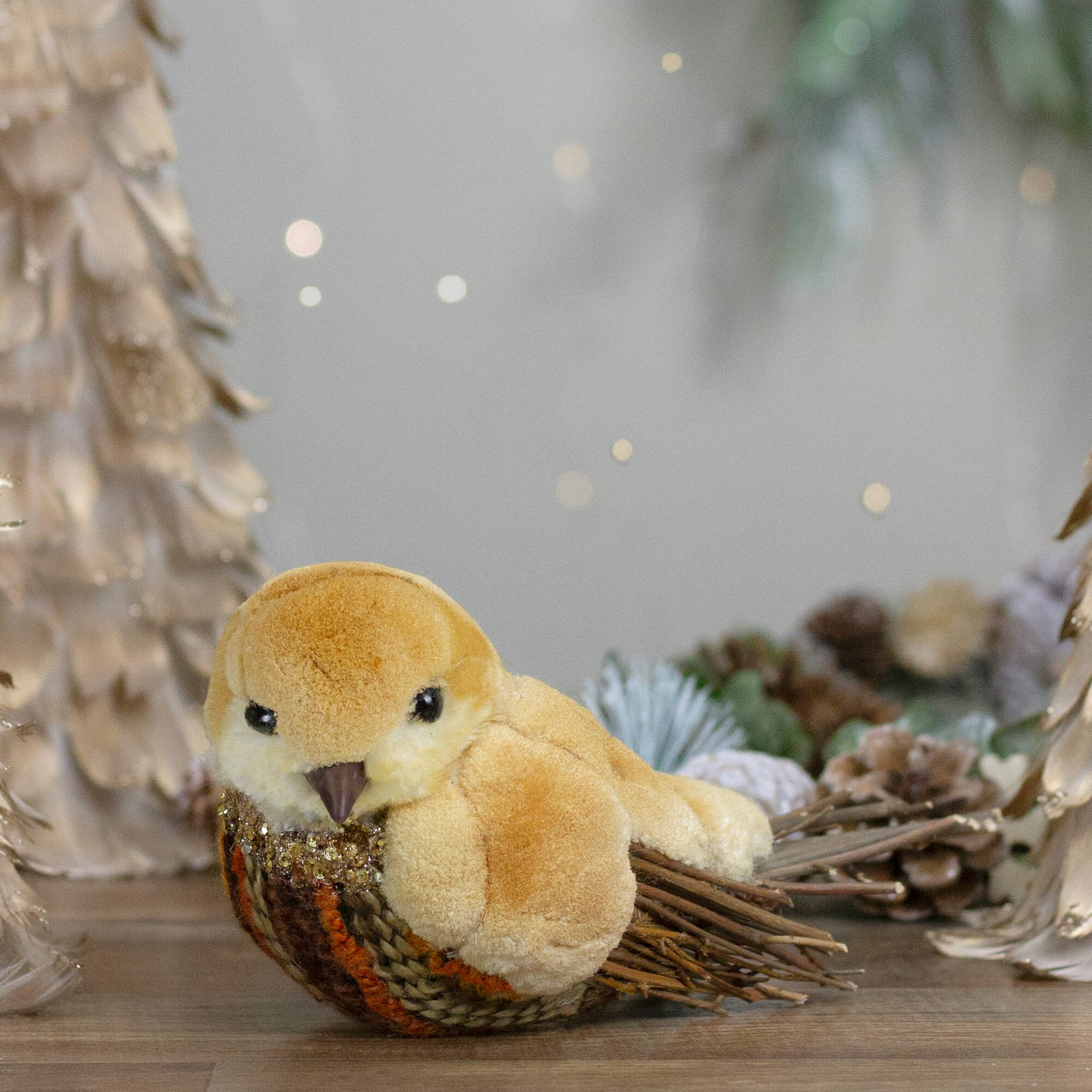 8.5" Orange & Brown Autumn Harvest Tabletop Bird With Sequins