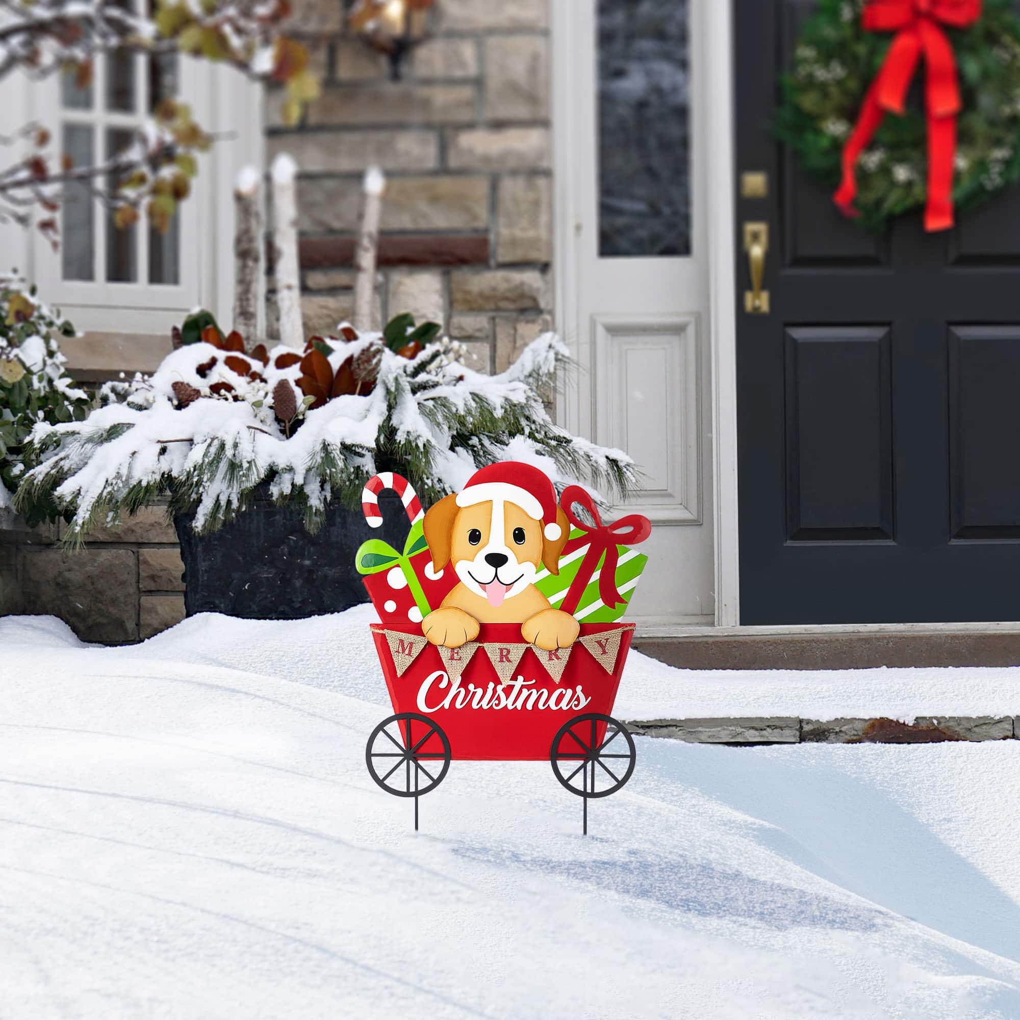 Glitzhome&#xAE; 24&#x22; Metal Christmas Dog and Gift Cart Yard Stake