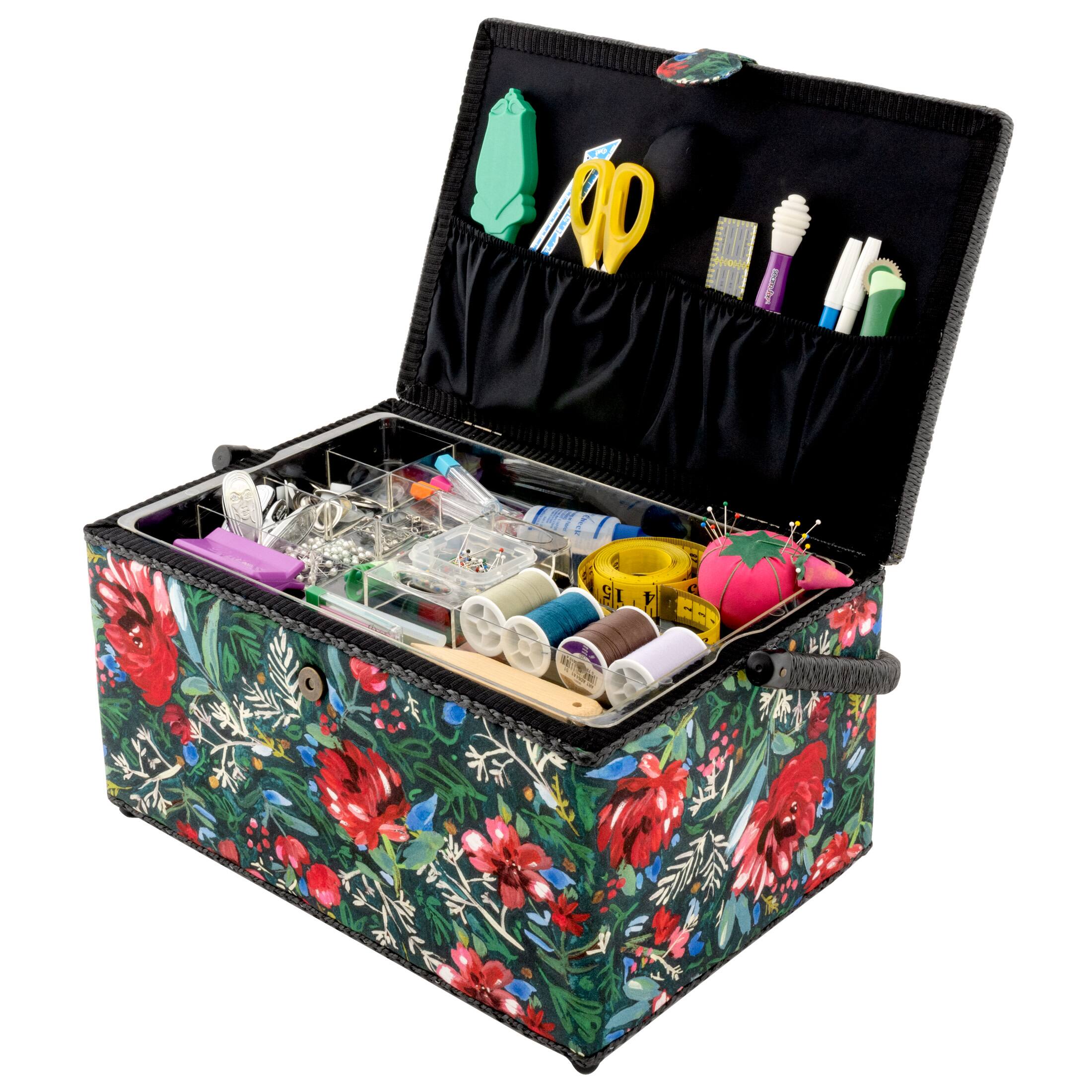 Dritz® Green & Red Floral Extra Large Sewing Basket with Removable Tray