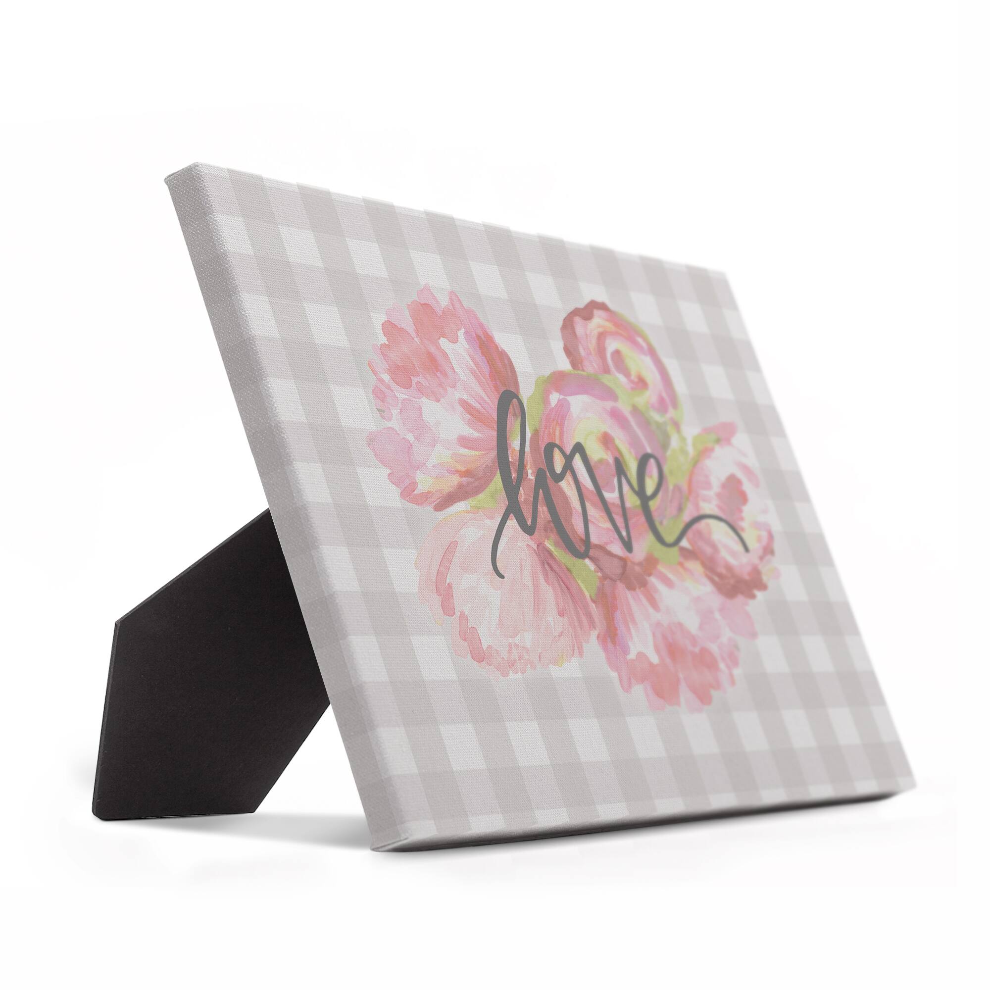 Love with Floral &#x26; Gray Plaid Tabletop Canvas Art