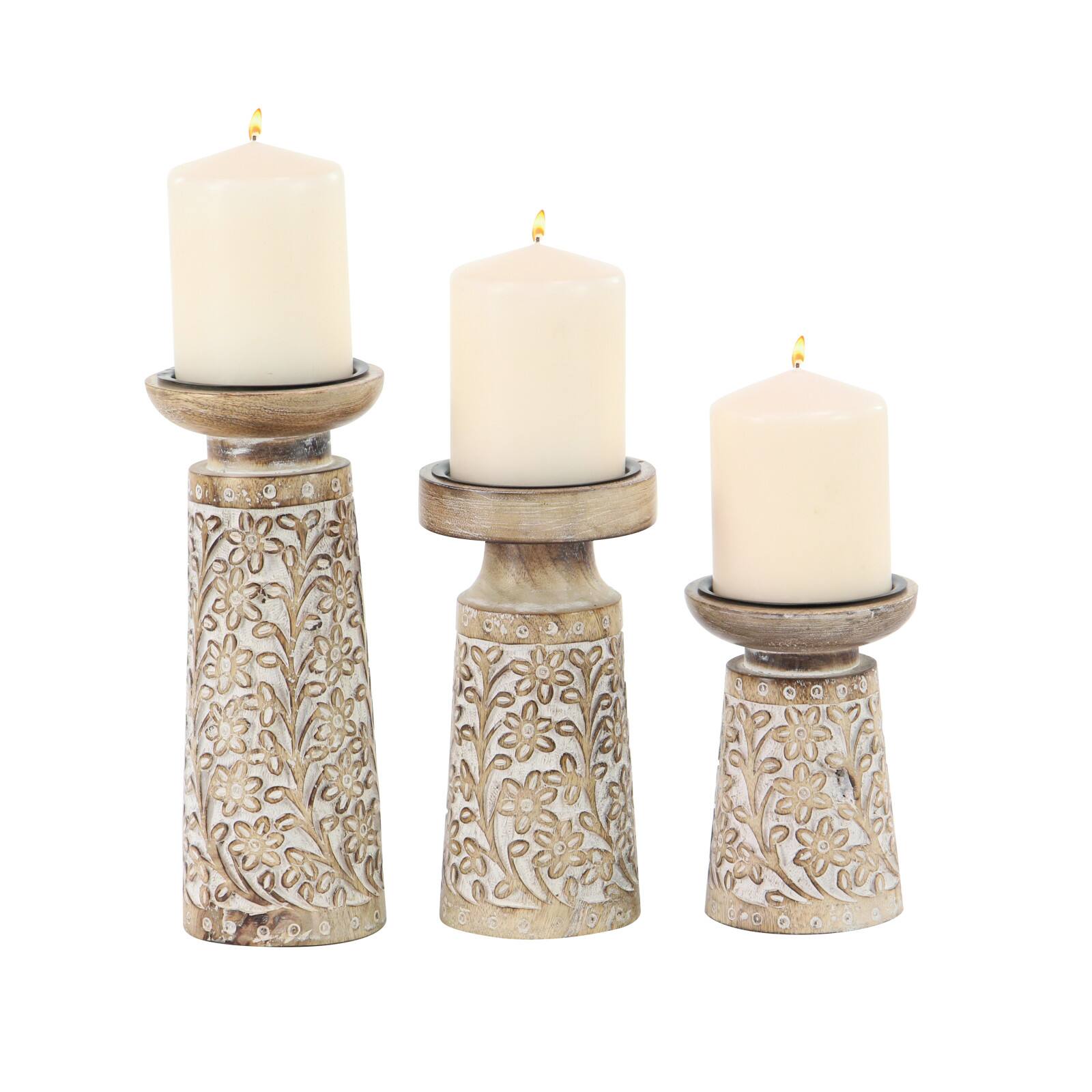 Brown & White Mango Wood Floral Candle Holder Set