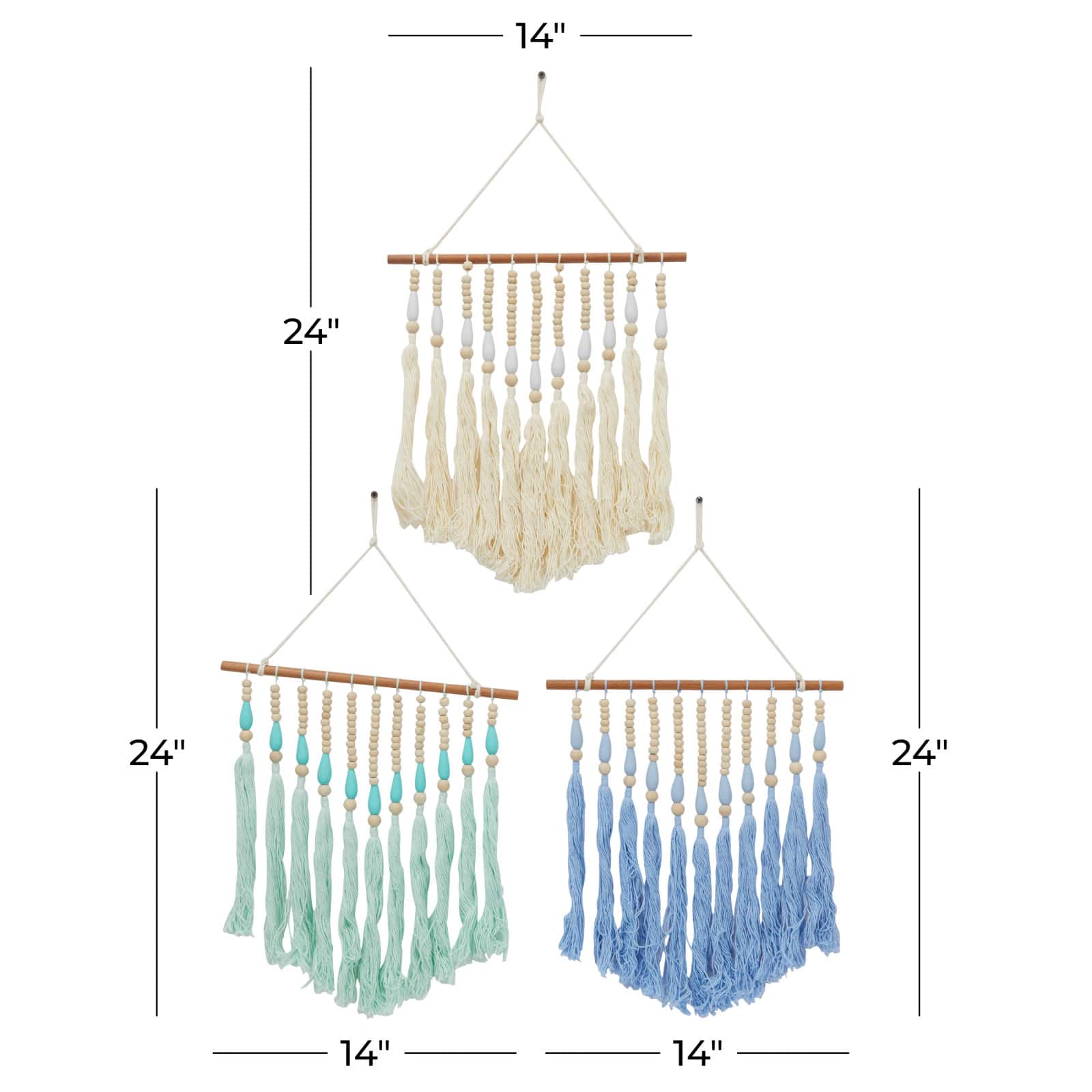Multi Colored Cotton Bohemian Wall Decor, Set of 3 14", 24"