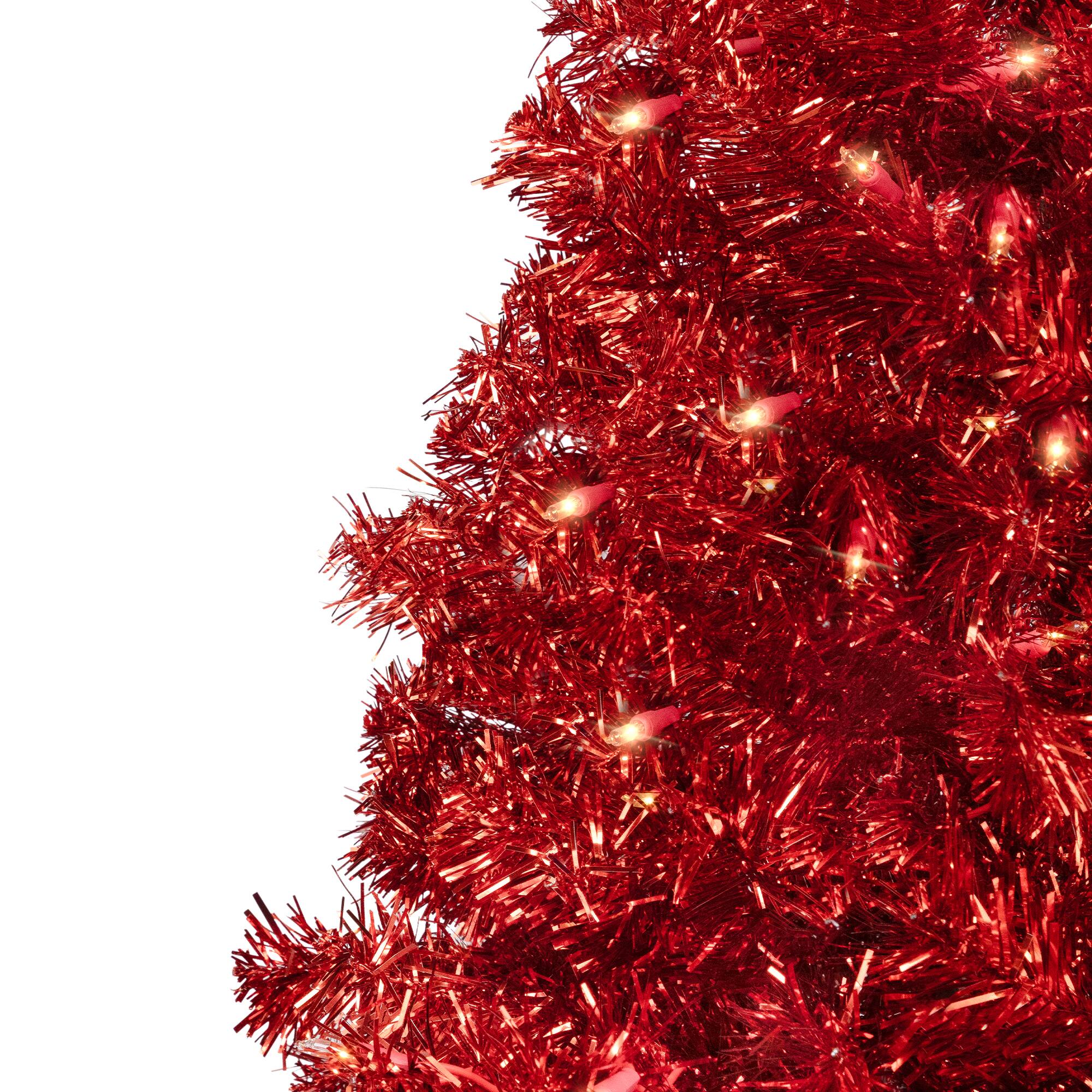 7ft. Pre-Lit Red Artificial Tinsel Christmas Tree, Clear Lights