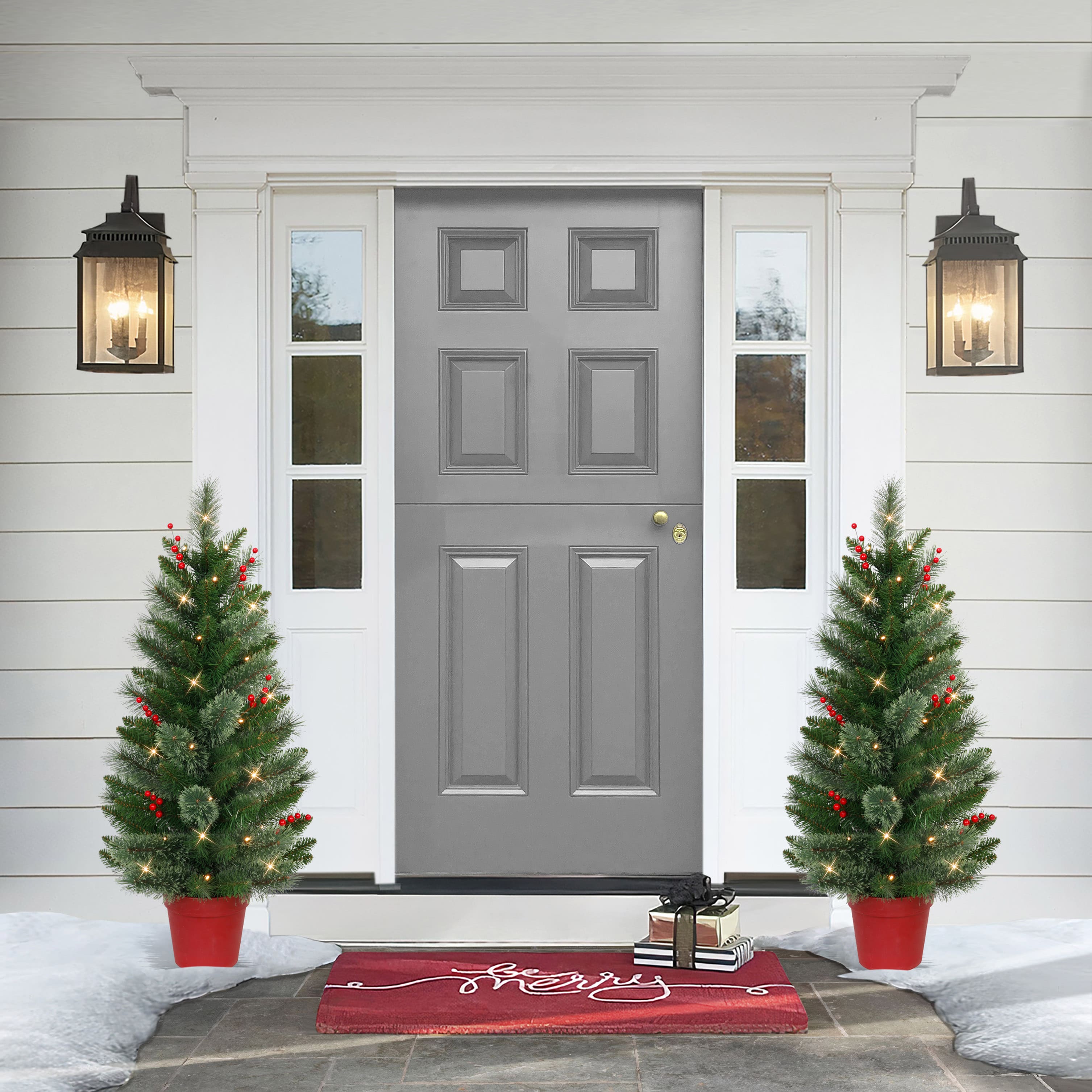 2 Pack 3.5ft. Pre-Lit Faux Cashmere Artificial Potted Christmas Tree, Warm White LED Lights