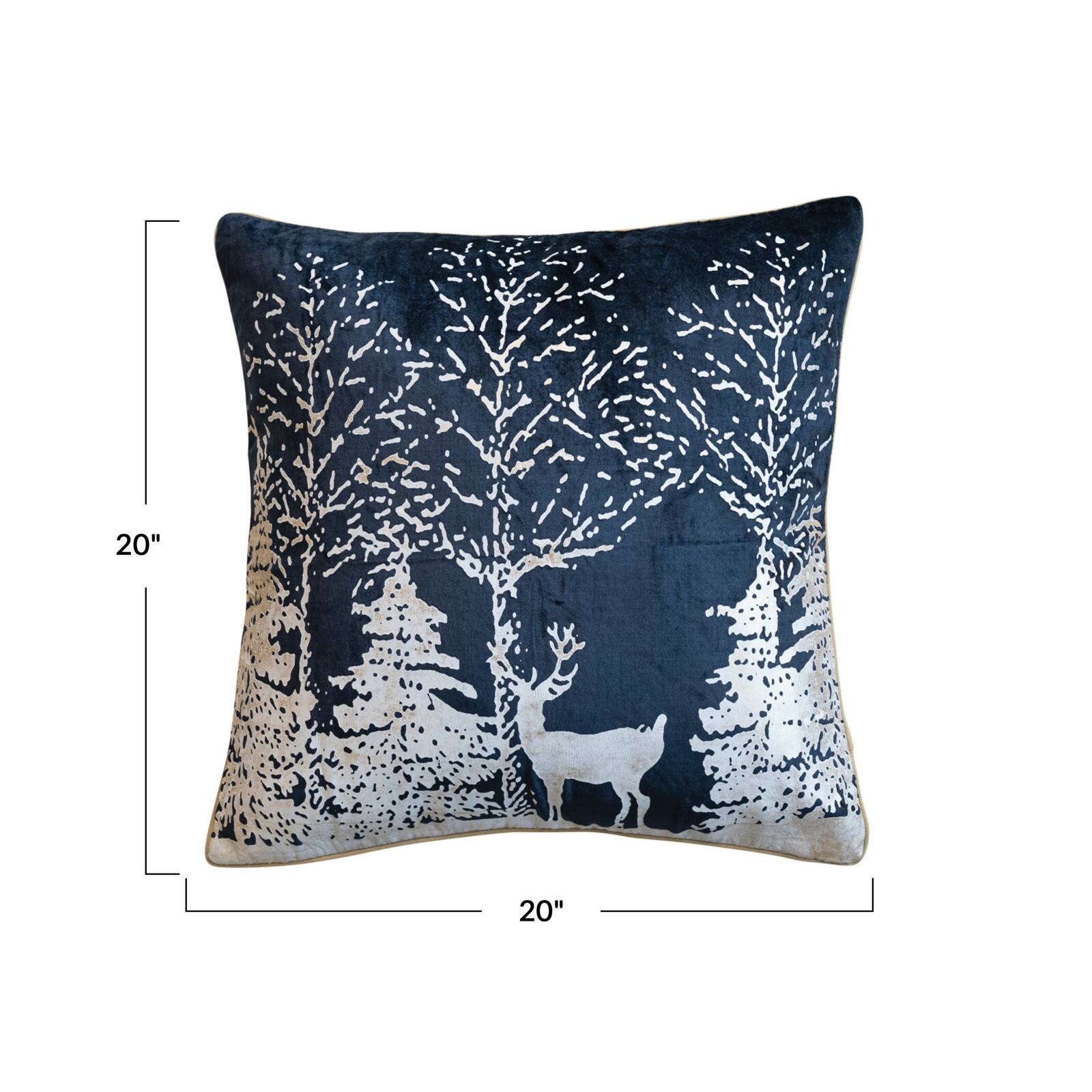 Hello Honey&#xAE; 20&#x22; x 20&#x22; Navy &#x26; White Square Cotton Velvet Printed Foil Pillow with Winter Scene &#x26; Piping