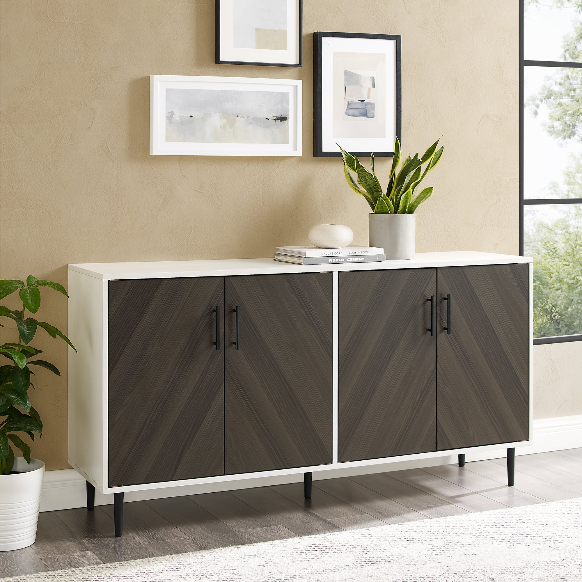 Walker Edison 58" Ash Brown Bookmatch & White Mid Century Modern TV Buffet