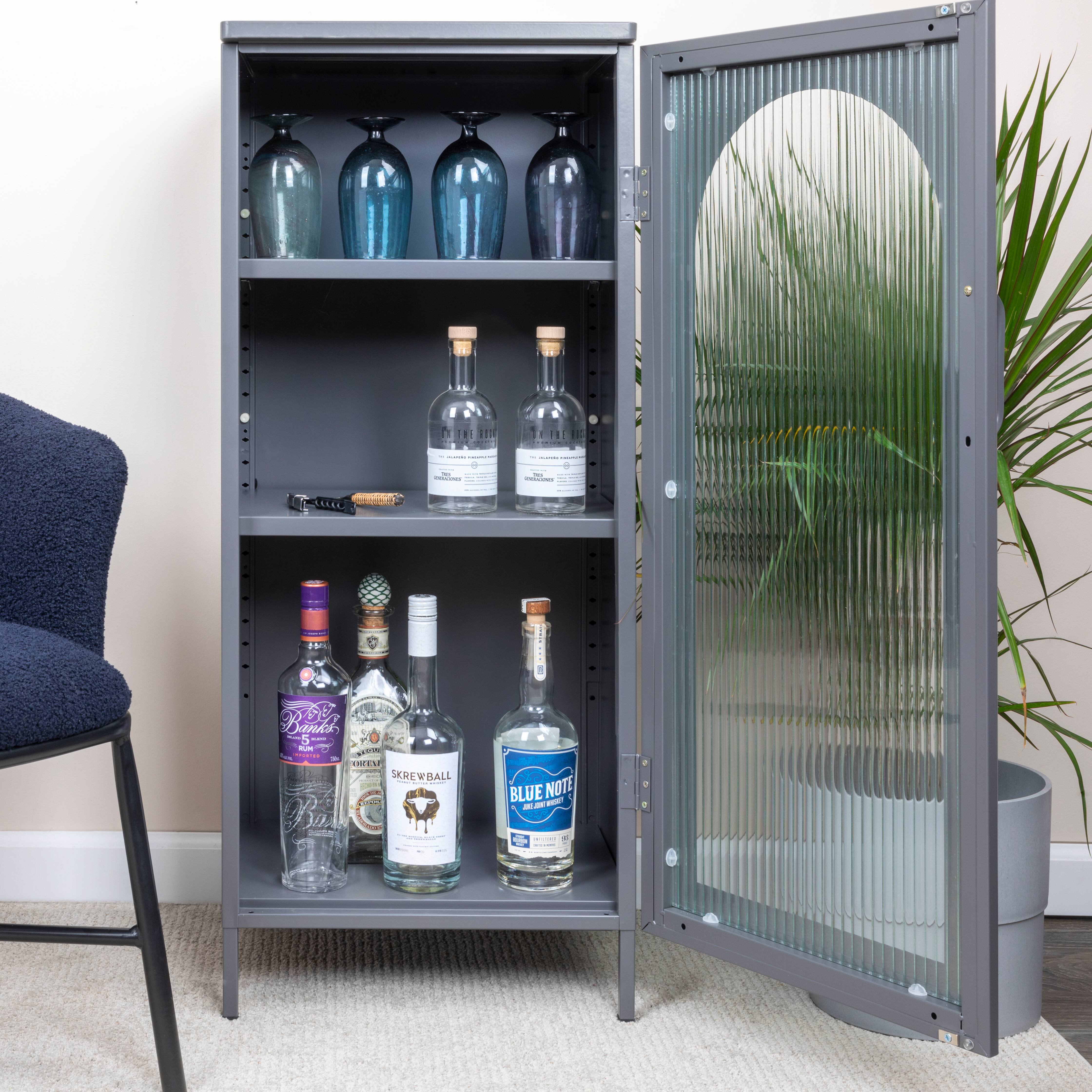 Hello Honey® 40" Solstice Narrow Metal Accent Cabinet with Adjustable Storage Shelves and Arched Glass Door