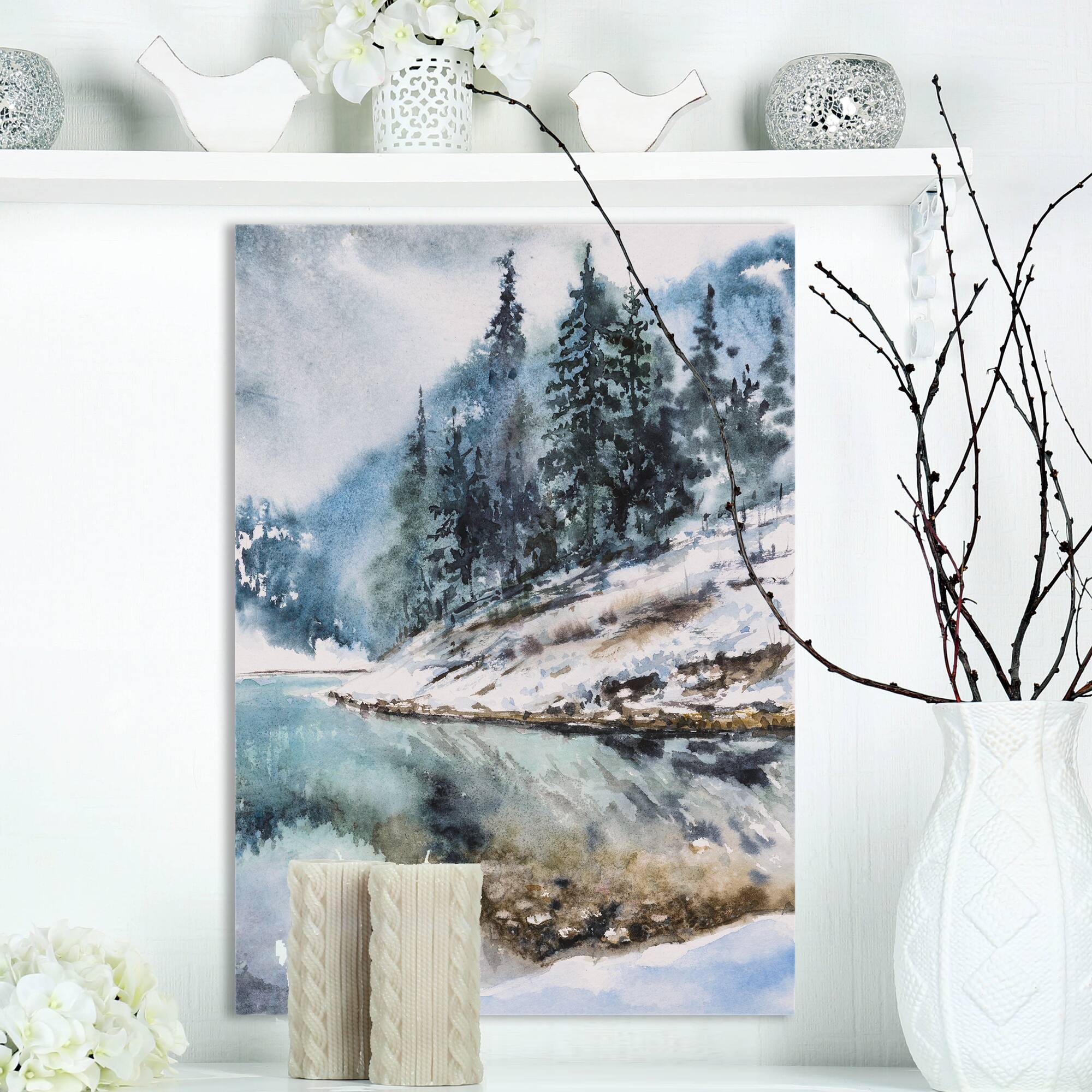 Designart - Mountain Hill Reflected in Water - Landscapes Painting Print on Wrapped Canvas