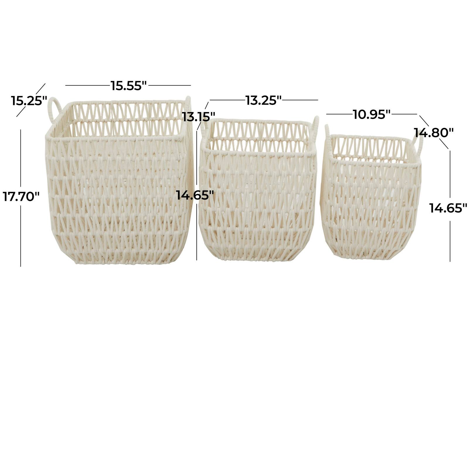 White Cotton Handmade Storage Basket with Handles Set of 3 18&#x22;, 16&#x22;, 15&#x22;