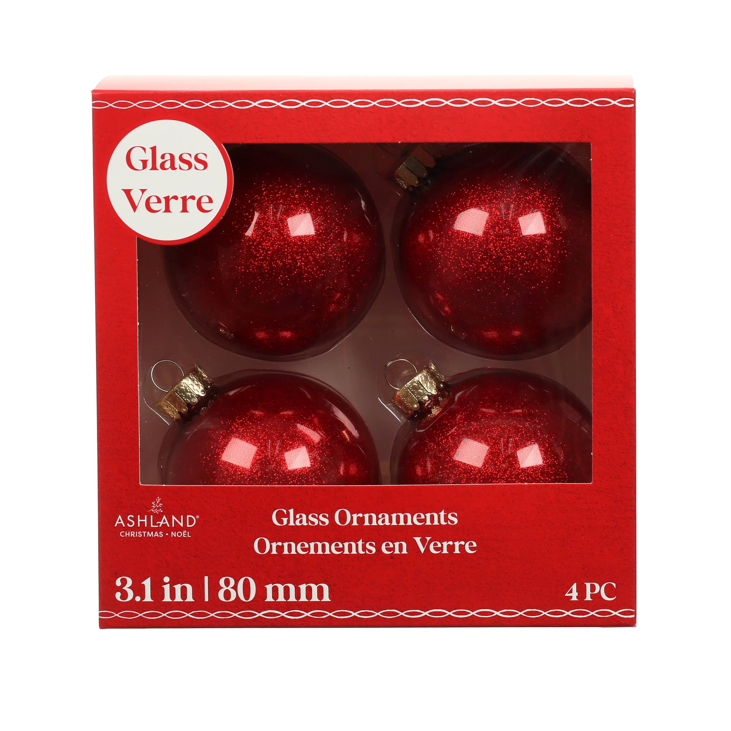 4 Pack 3&#x22; Red Glitter Glass Ball Ornaments by Ashland&#xAE;