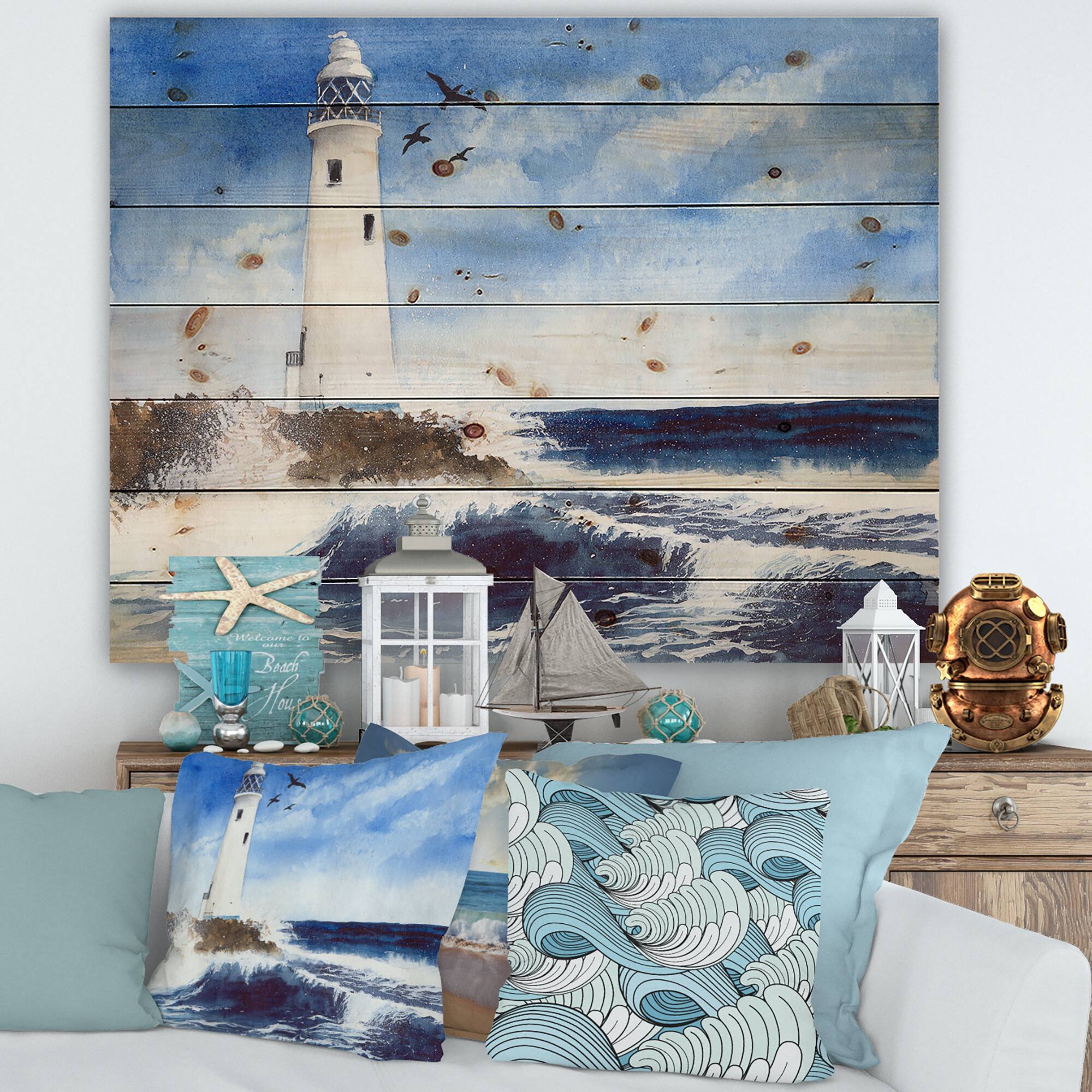 Designart - Lighthouse On The Rocky Island With Seagulls - Nautical & Coastal Print on Natural Pine Wood