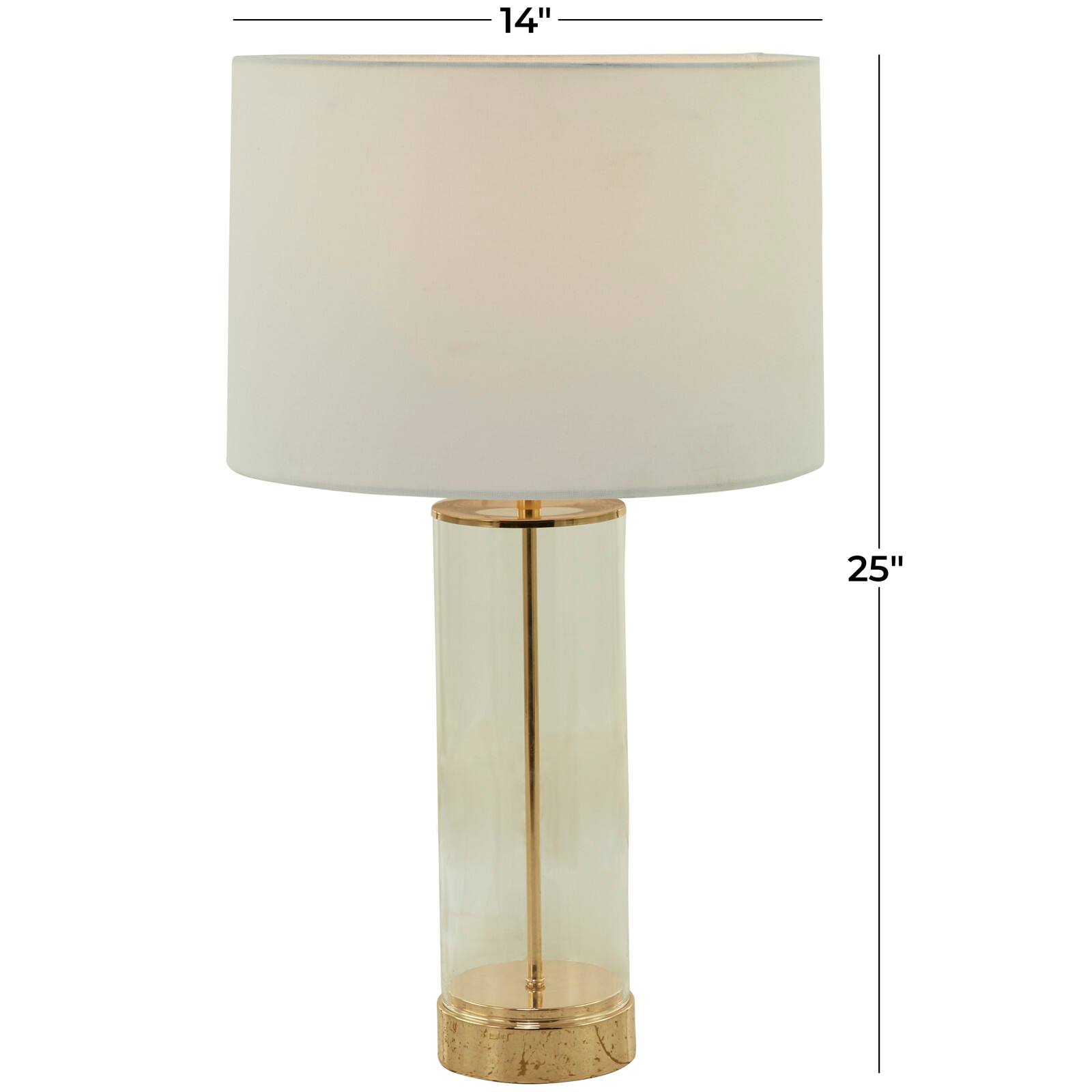 CosmoLiving by Cosmopolitan Gold Tempered Glass Transparent Base Table Lamp with Drum Shade 14" x 14" x 25"