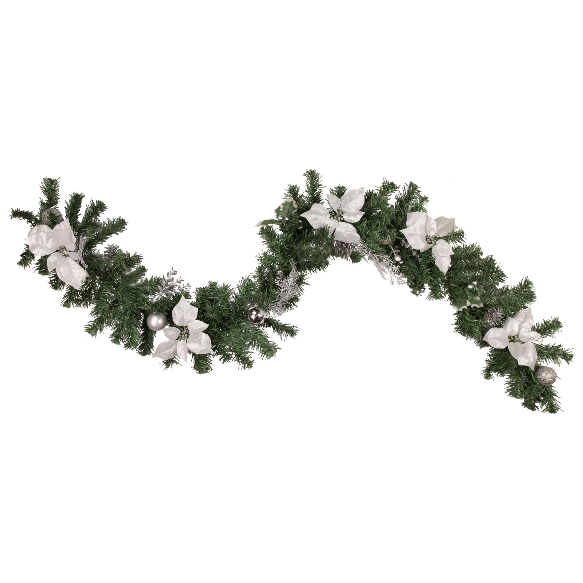 Pre-Decorated Silver Poinsettia Pine Cone & Ball Artificial Garland, Unlit