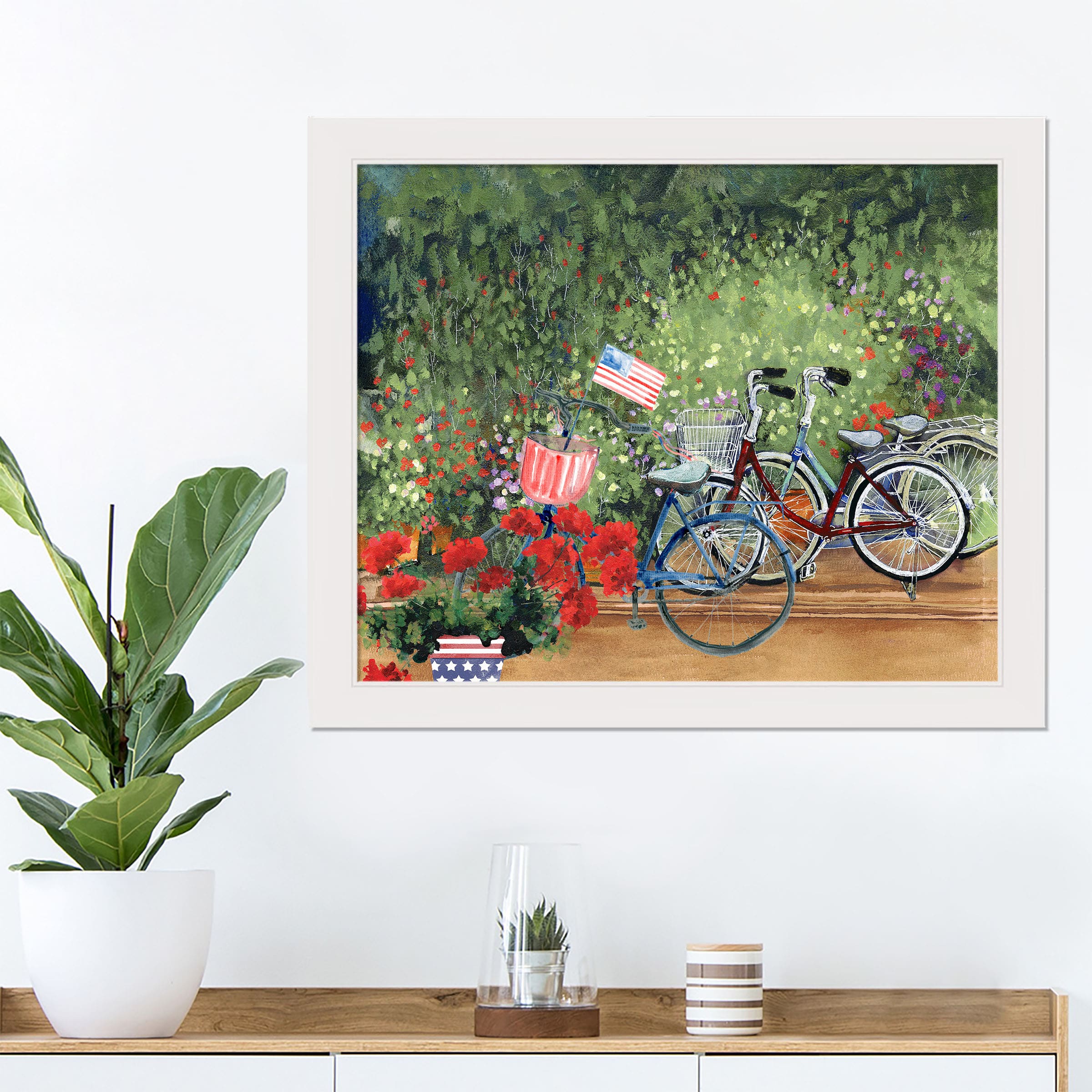 Bike in a Garden White Framed Print Under Plexiglass
