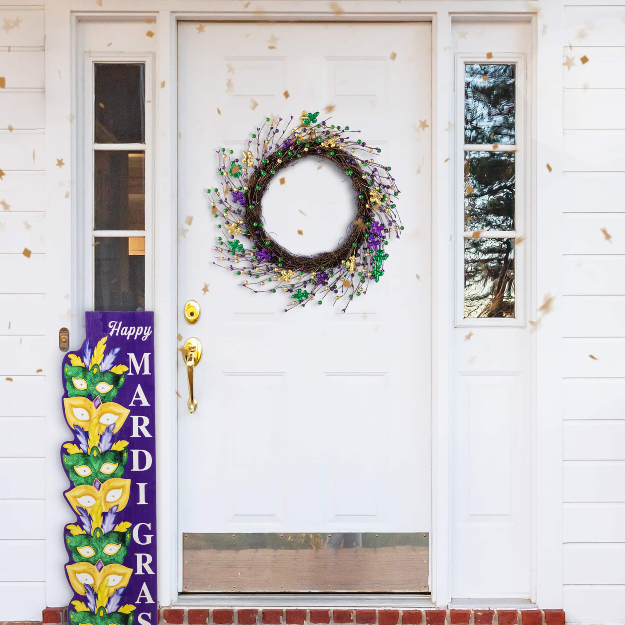 Glitzhome® 20" Mardi Gras Berry & Fleur-de-Lis Wreath