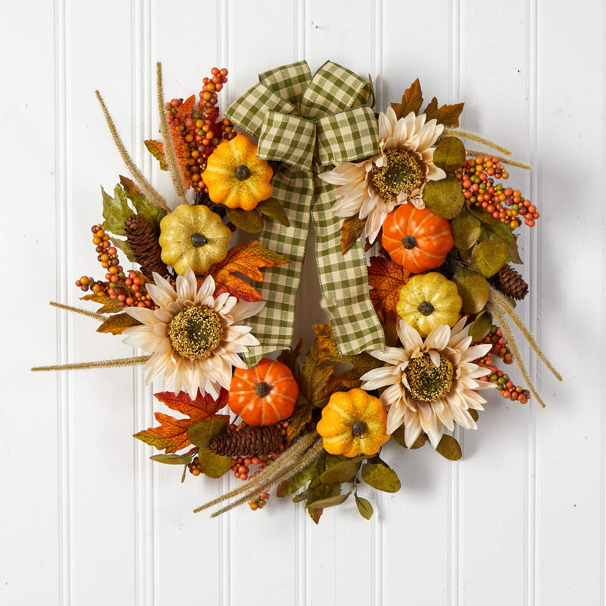 24&#x22; Pumpkin, Sunflower Artificial Autumn Wreath With Decorative Ribbon