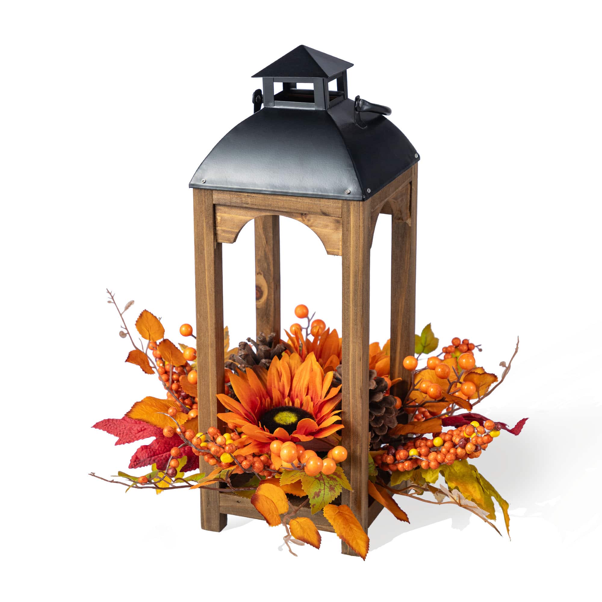Glitzhome&#xAE; 20&#x22; Fall Sunflower, Pinecone and Berry Wood Lantern Centerpiece