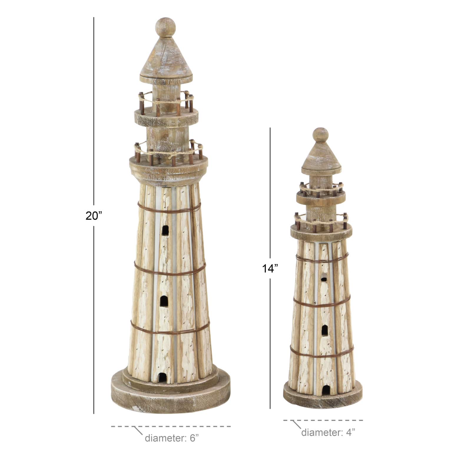 Set of 2 Brown Wood Coastal Light House Sculpture, 15&#x22;, 20&#x22;