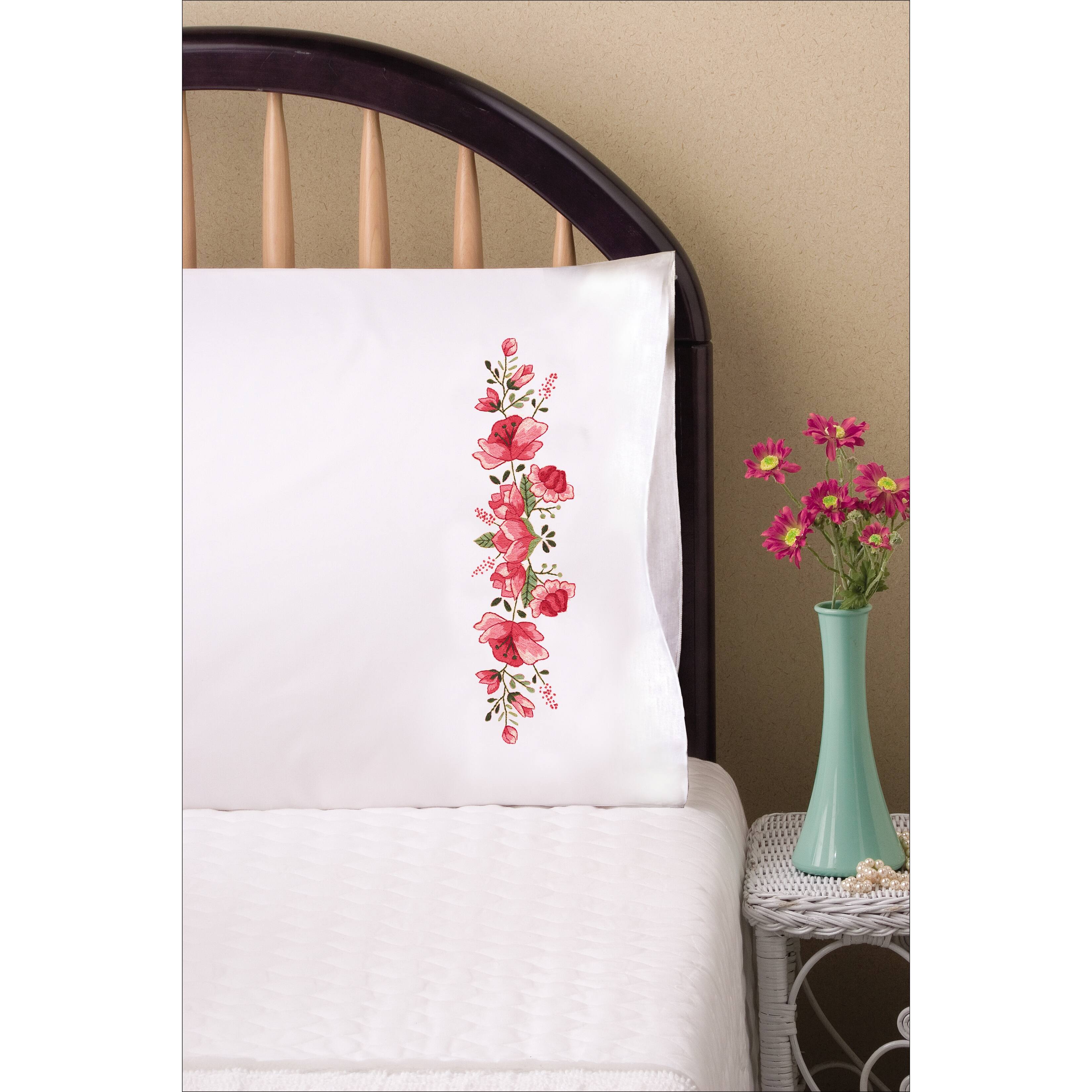 Tobin Stamped For Embroidery Pink Floral Pillowcase Pair