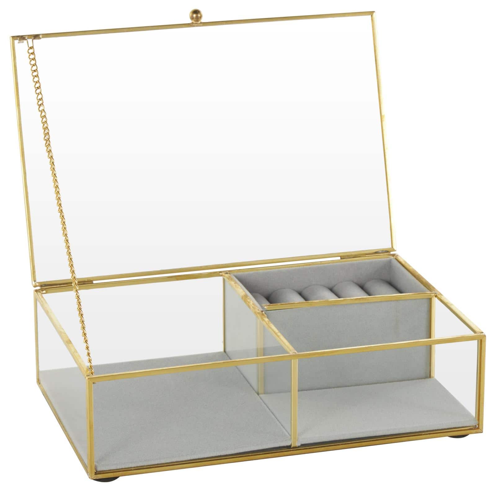 9" x 6" x 3" Clear & Gold Glass & Metal Jewelry Box with Chain Accent & Fabric Ring Slots