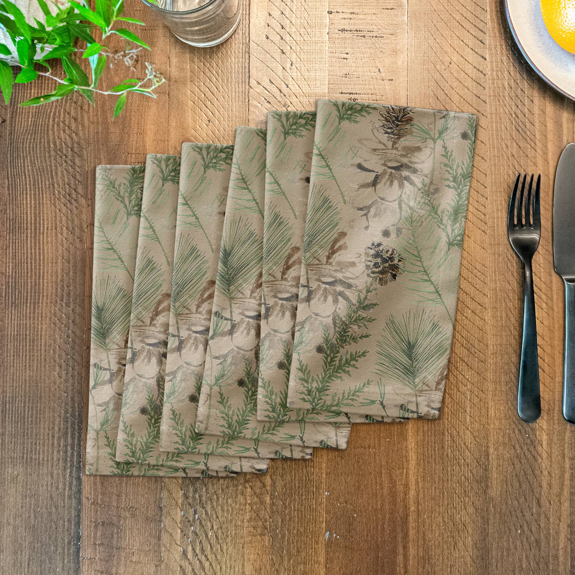Pine Cones &#x26; Greenery on Brown Cotton Twill Napkin