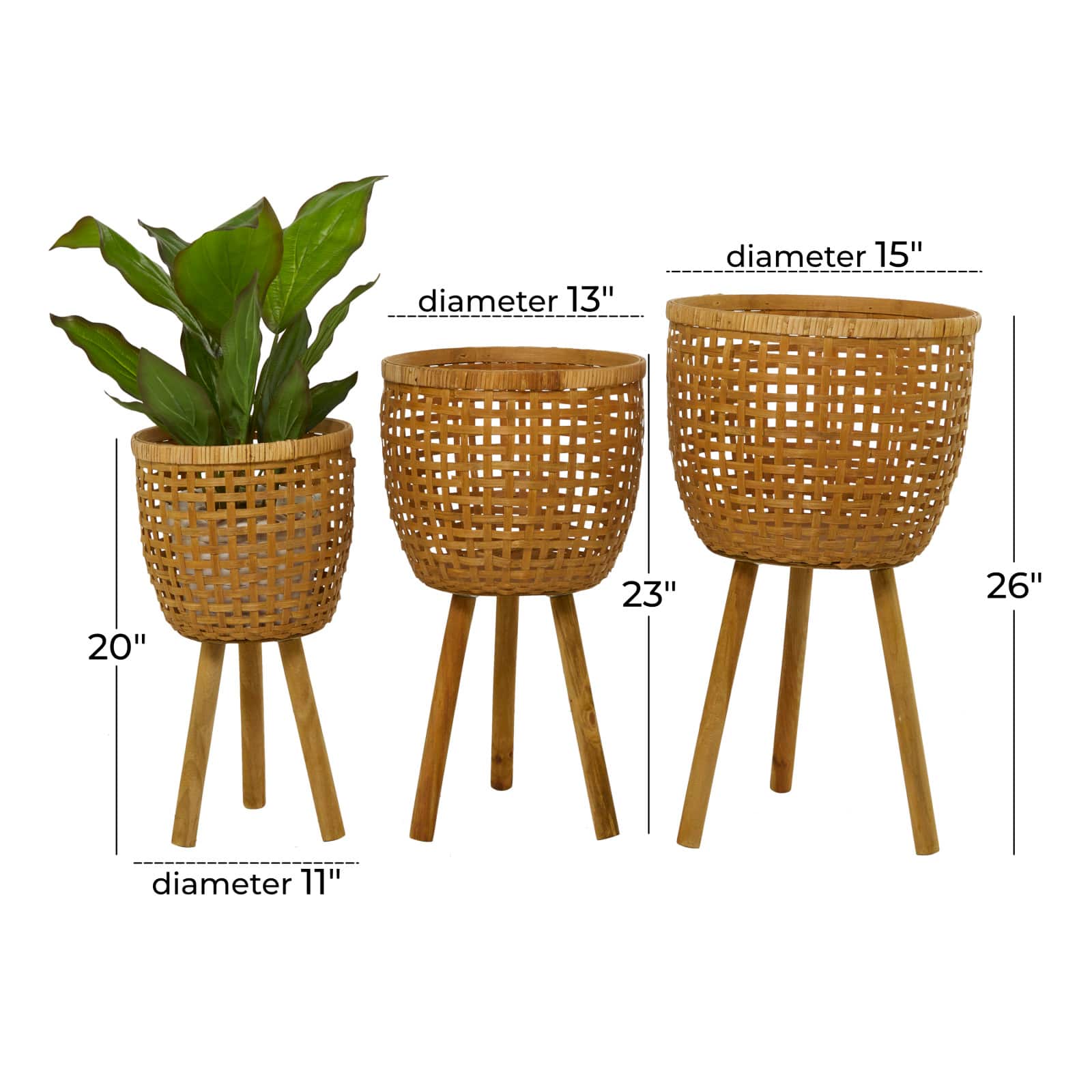 Brown Bamboo Bohemian Planter, Set of 3&#x22; 26&#x22;, 23&#x22;, 20&#x22;