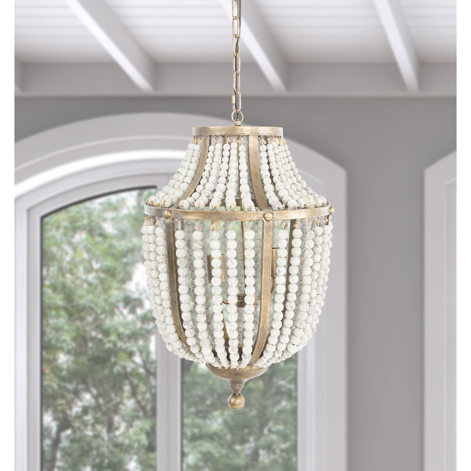 27&#x22; Metal Chandelier With White Wooden Beads