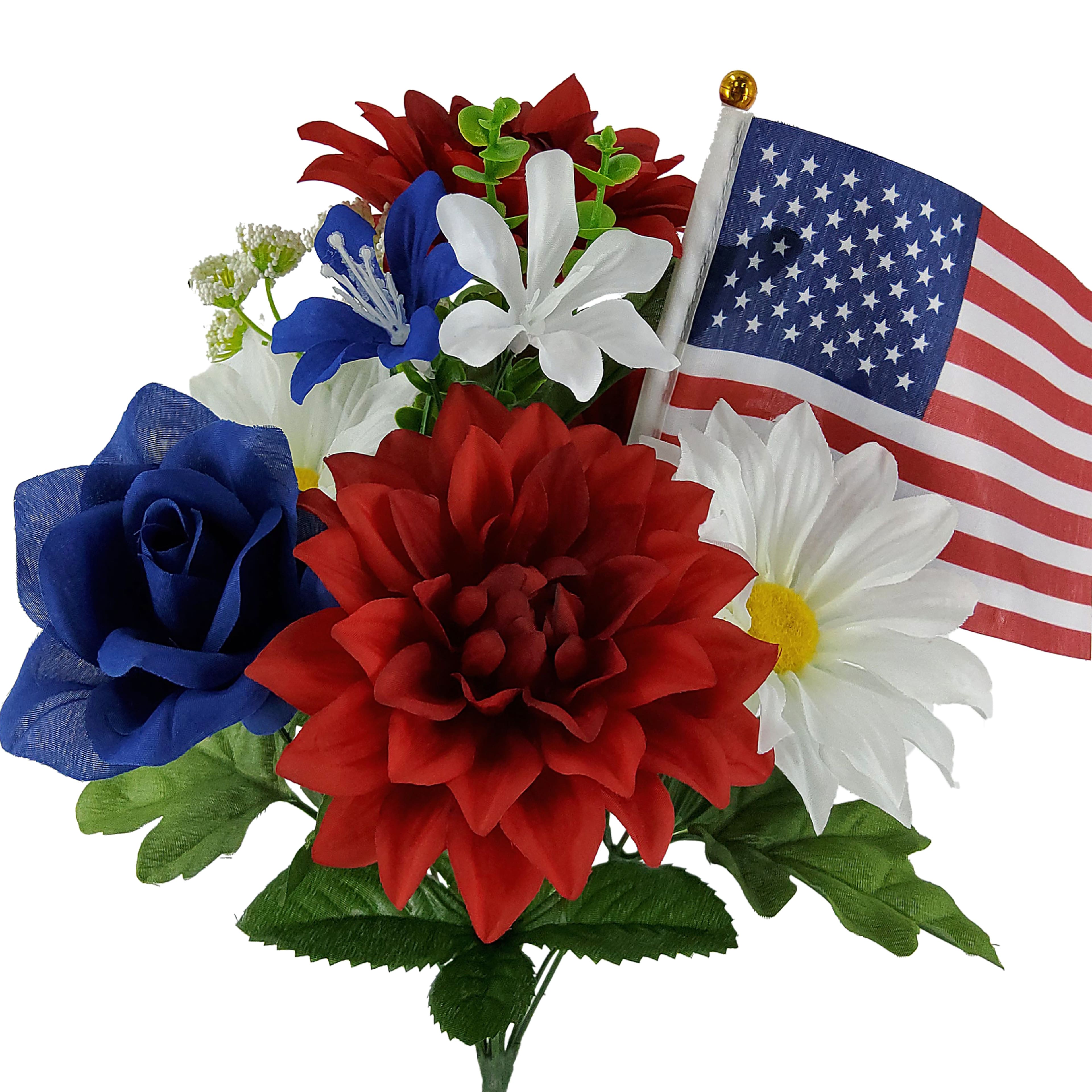 17.5" Red, White & Blue Dahlia Mix Bush with Flag by Celebrate It™