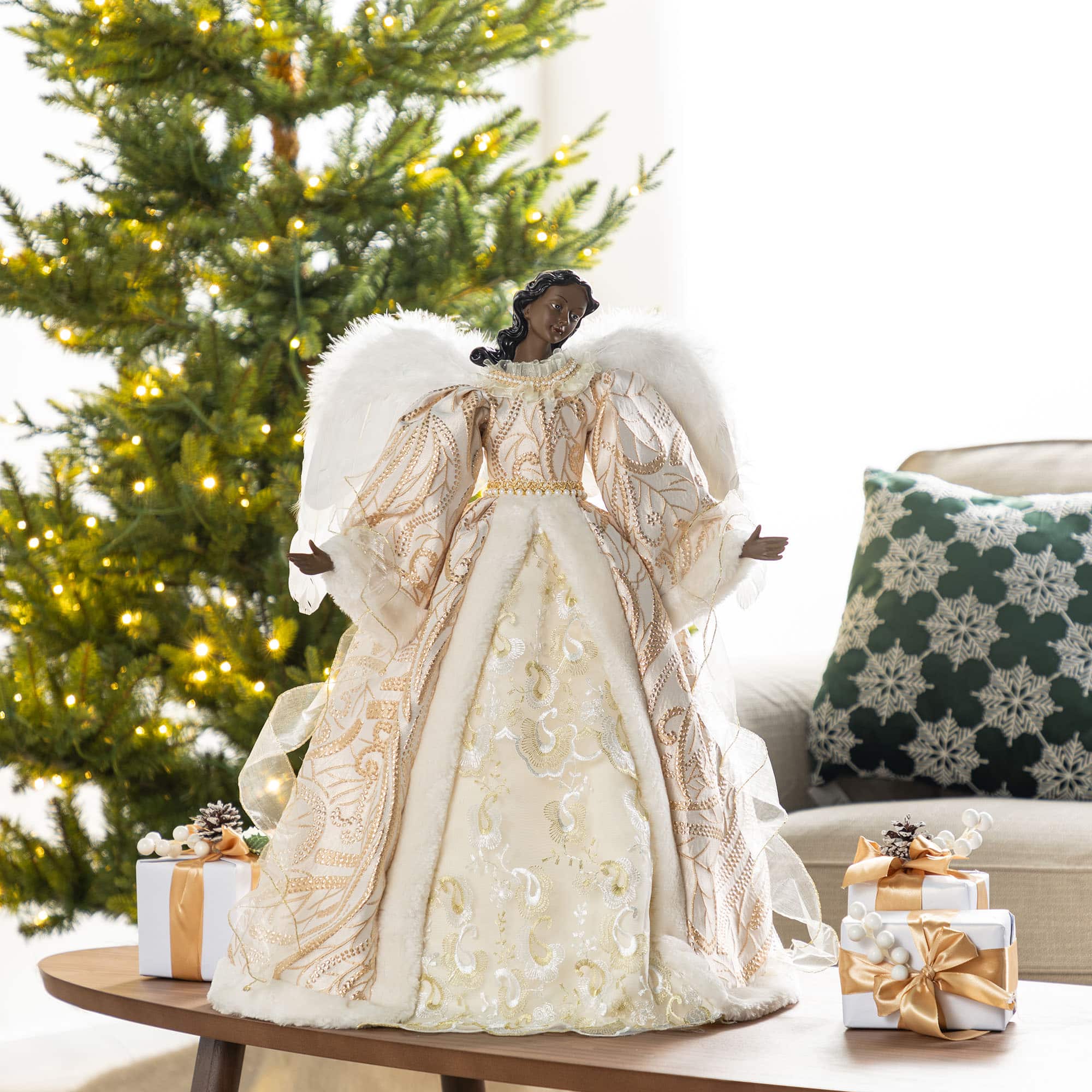 Glitzhome® 24"H Faux Fur & PVC Christmas Elegant African American Angel Tree Topper