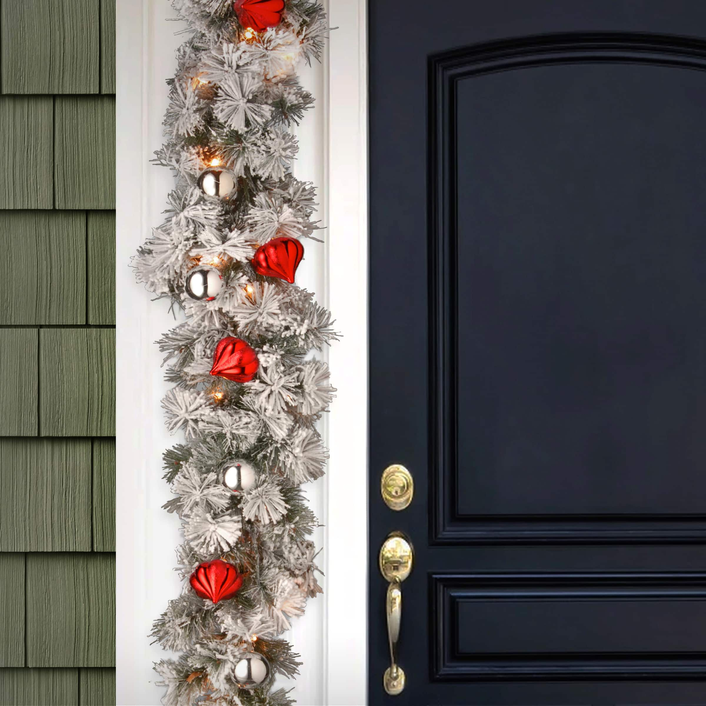 9 ft. Pre-lit Snowy Bristle Artificial Christmas Pine Garland with Red &#x26; Silver Ornaments &#x26; 70 Clear Lights