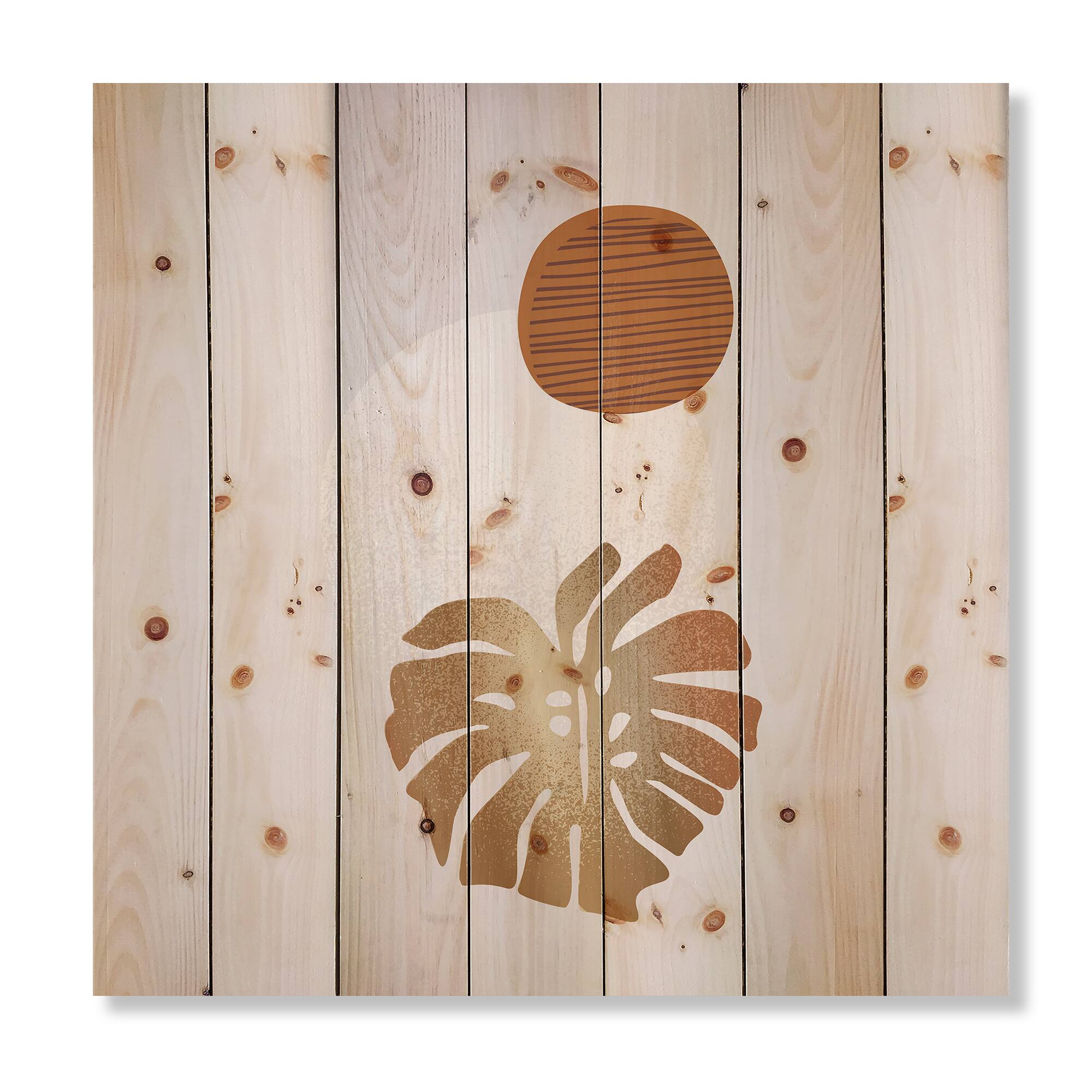 Designart - Tropical Palm Leaf &#x26; Abstract Geometry Shapes II - Modern Print on Natural Pine Wood
