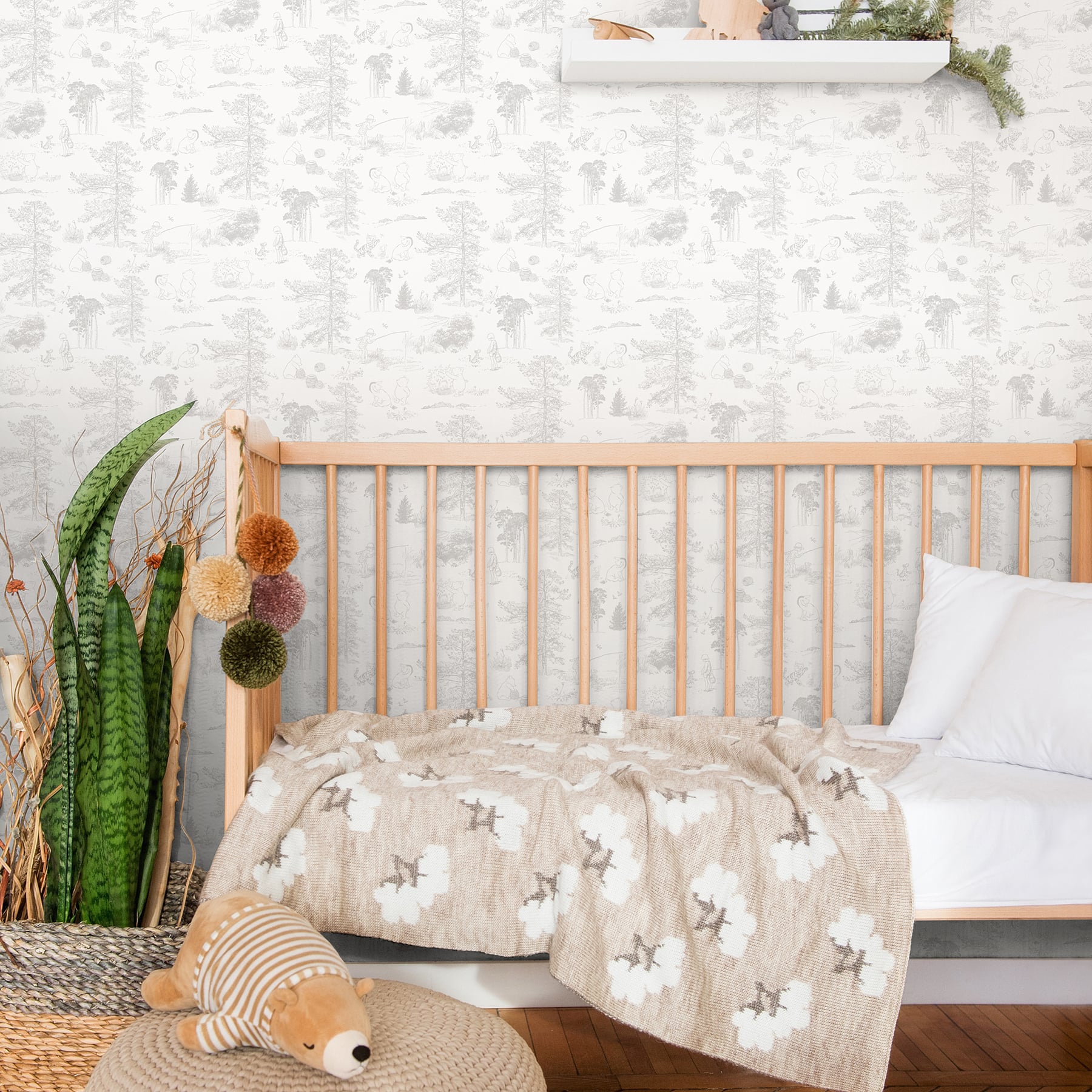 RoomMates Winnie The Pooh Gray Toile Peel &#x26; Stick Wallpaper