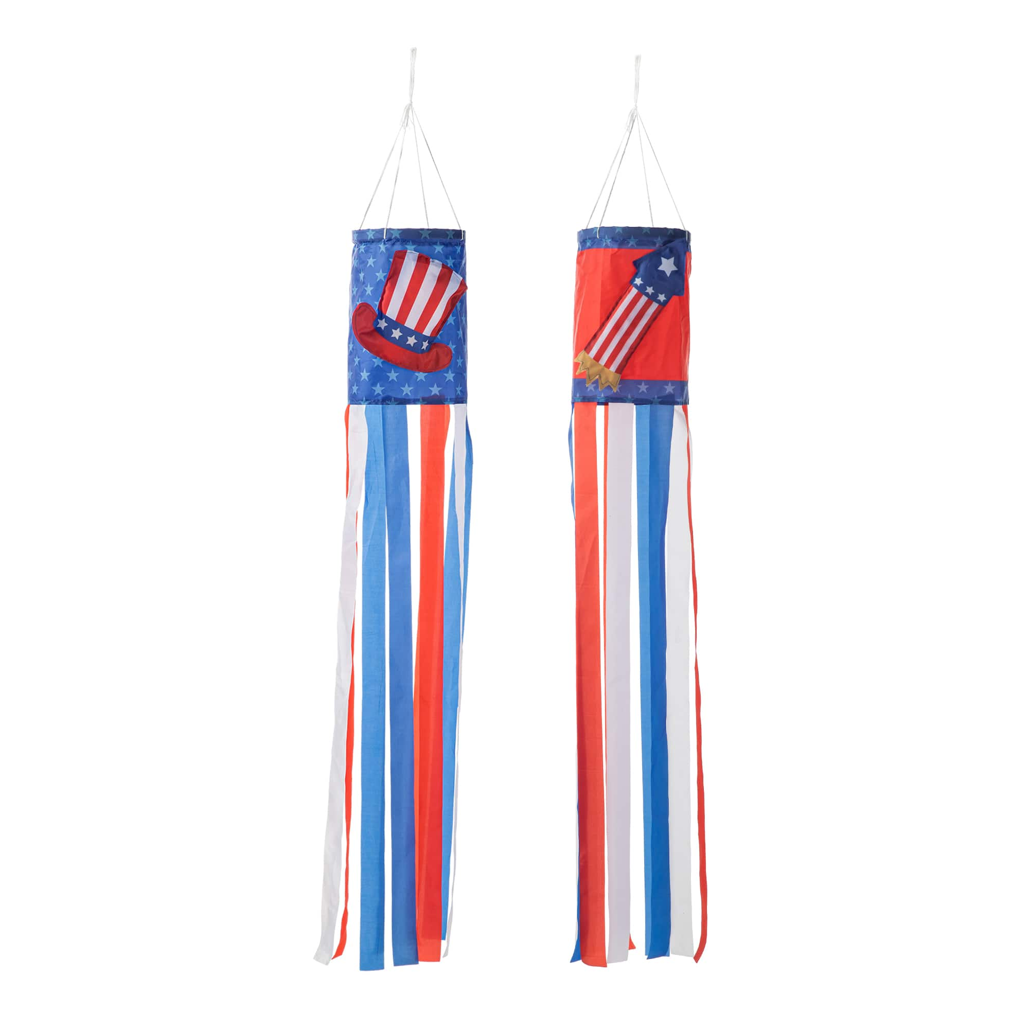 Glitzhome&#xAE; 44&#x22; Patriotic Americana Uncle Sam Hat &#x26; Fireworks Windsocks Set