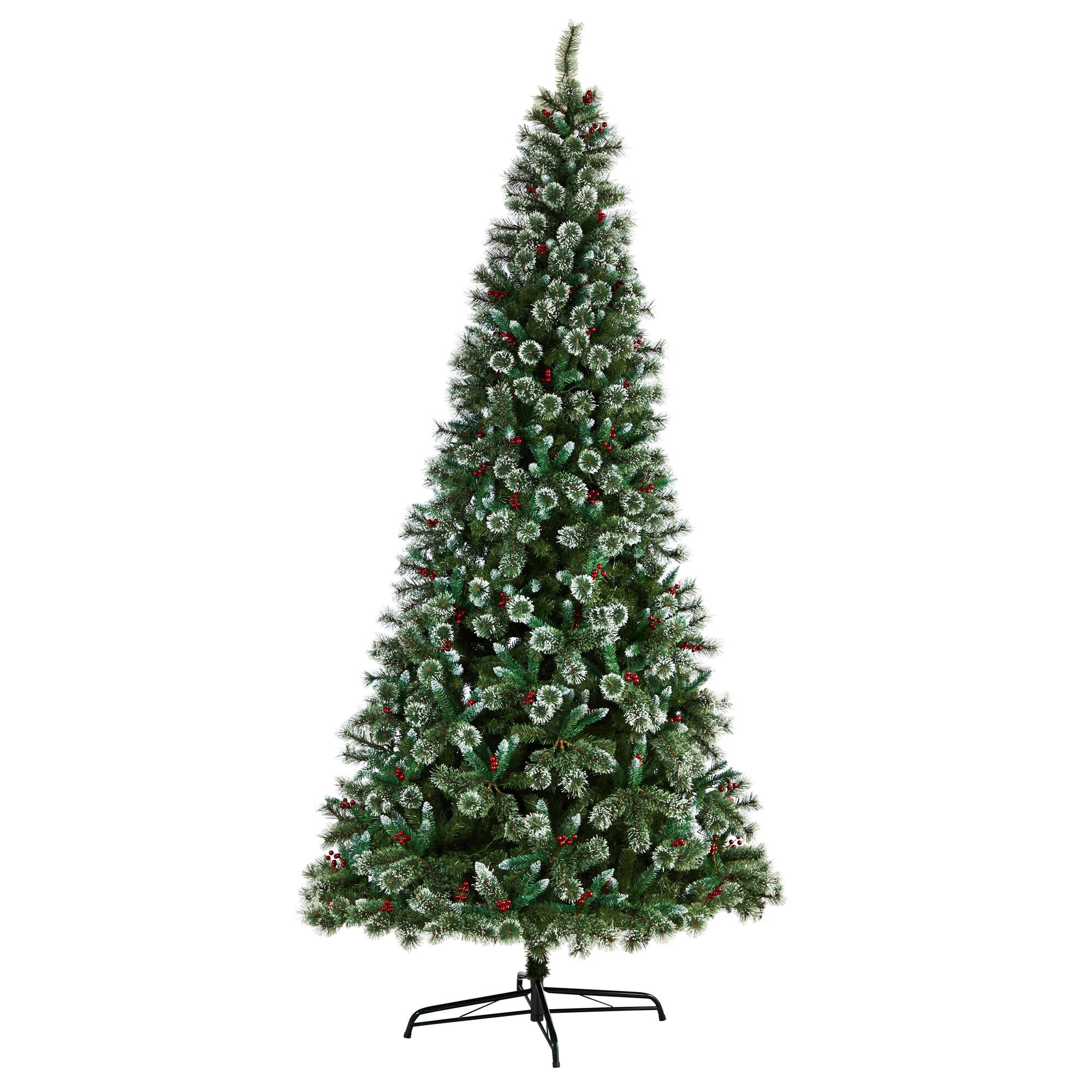 10ft. Pre-Lit Frosted Swiss Pine Artificial Christmas Tree with Berries, Clear LED Lights