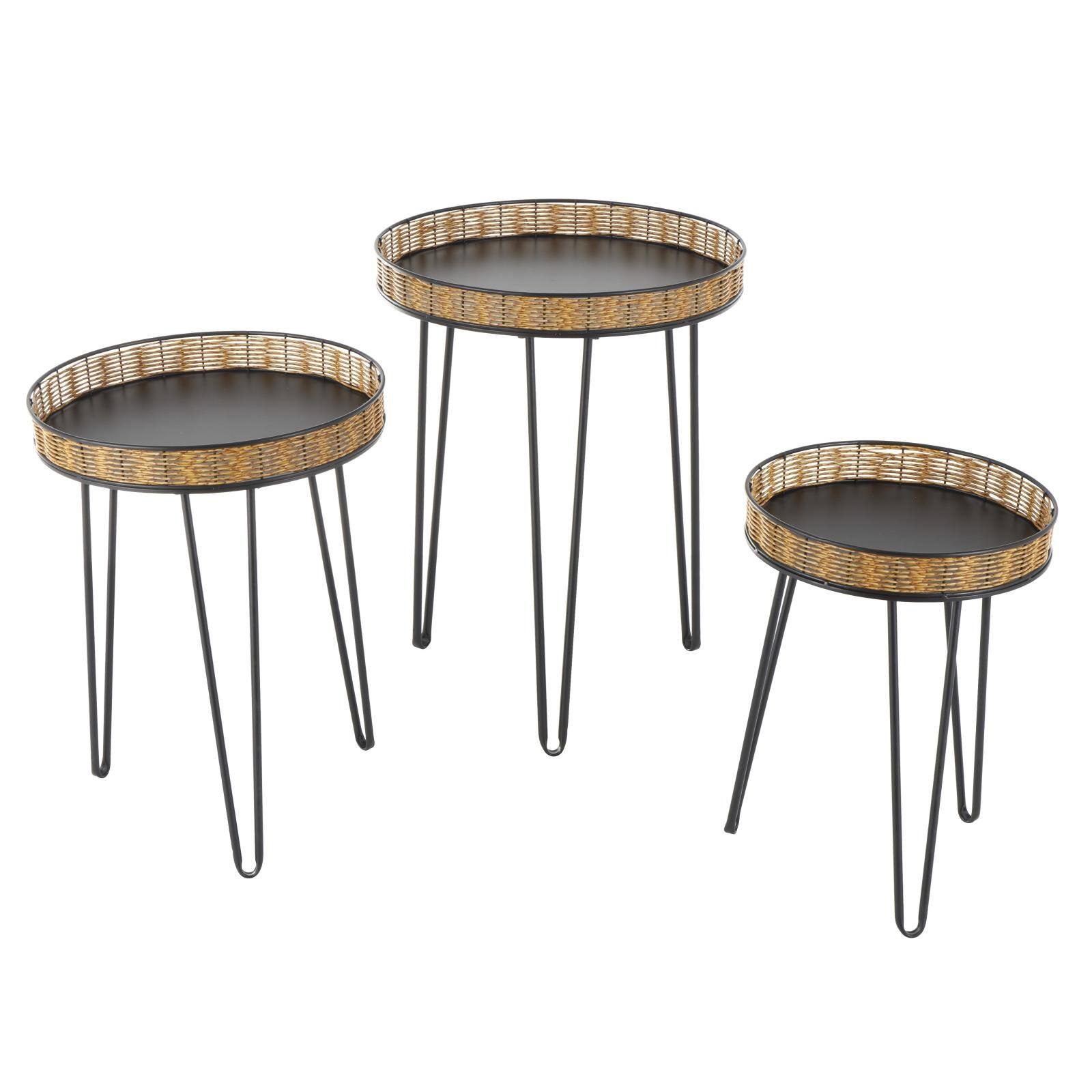 Black Metal Handmade Accent Table with Rattan Tabletop Set