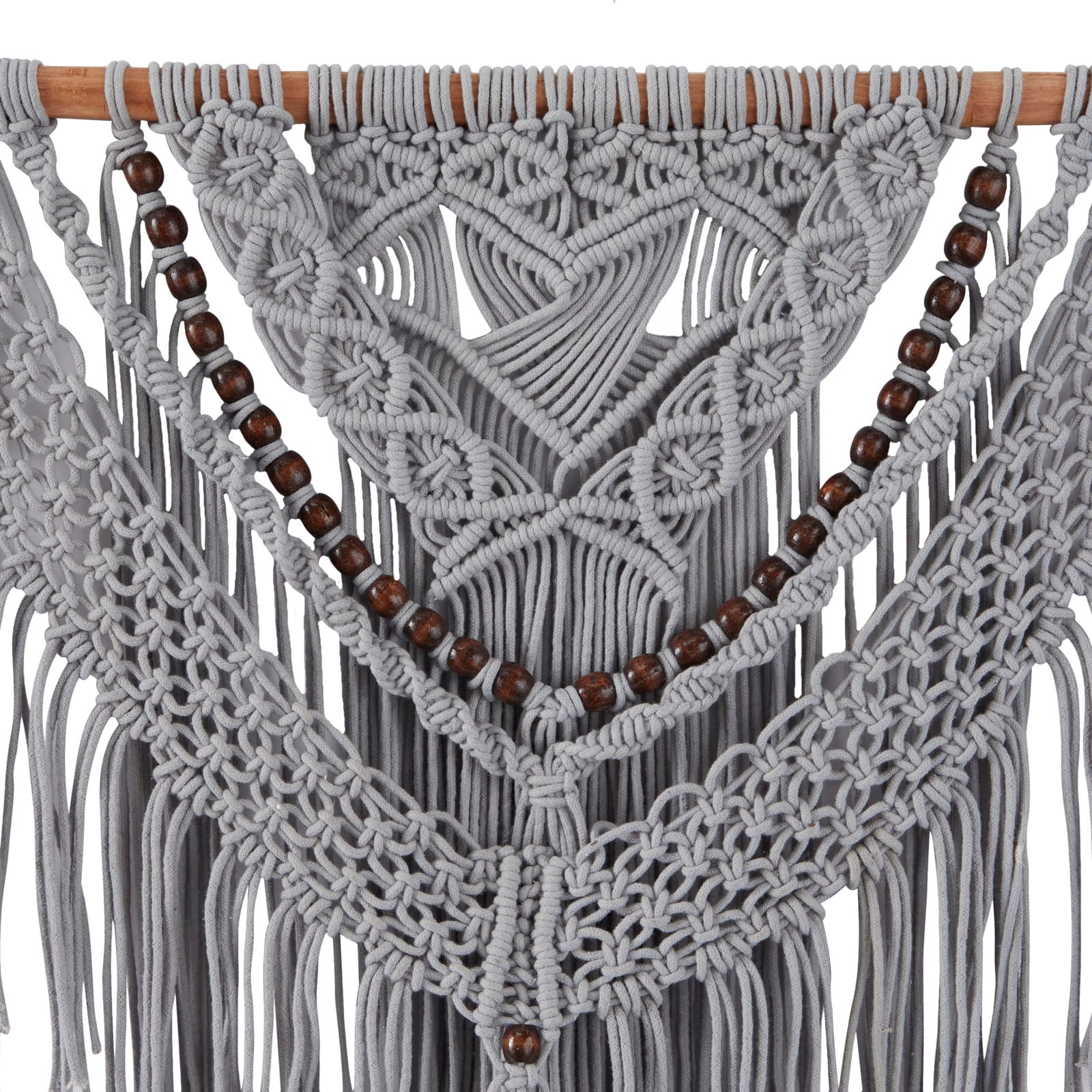 Gray Cotton Handmade Intricately Weaved Macrame Wall Decor with Beaded Fringe Tassels 27" x 1" x 42"